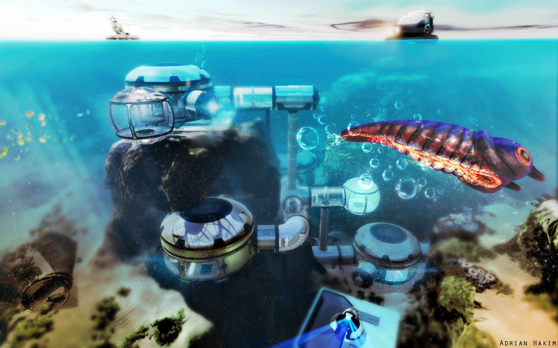 Subnautica 桌布 壁紙 — 一個未來主義的水下基地，帶有發光的管道，一條生物發光的外星魚在碧綠的海水中游近。