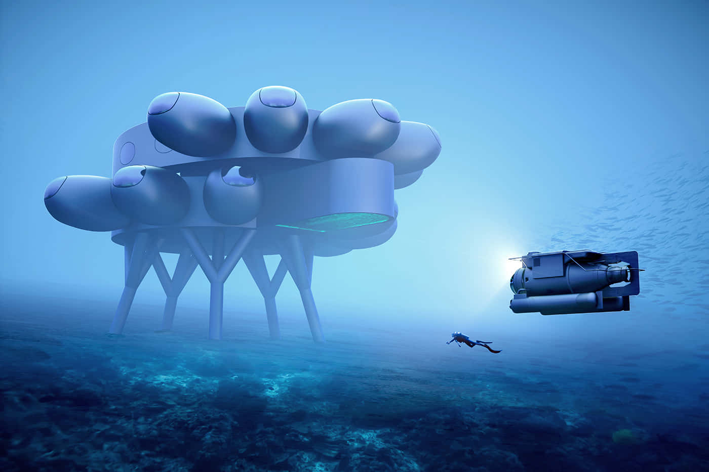Underwater Ocean 桌布 壁紙 — 一個未來主義的水下棲息地，帶有球根狀的艙室，立於陽光照耀的海底之上的支柱上，一名潛水員和潛水器在附近探索。