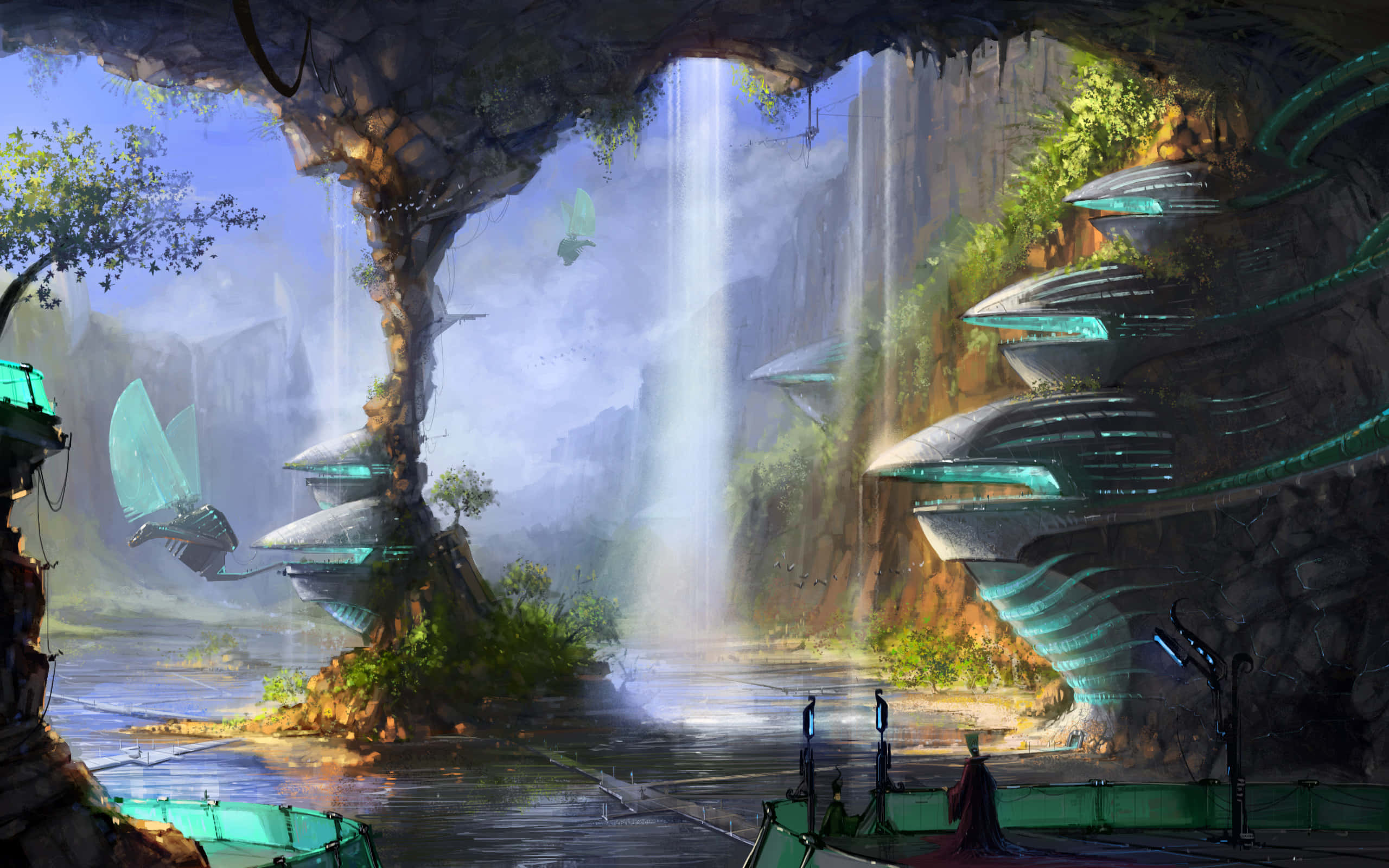 Future City 桌布 壁紙 — 一個未來主義的洞穴住所，發光的青綠色結構位於瀑布之下，周圍環繞著茂密的綠色植物。