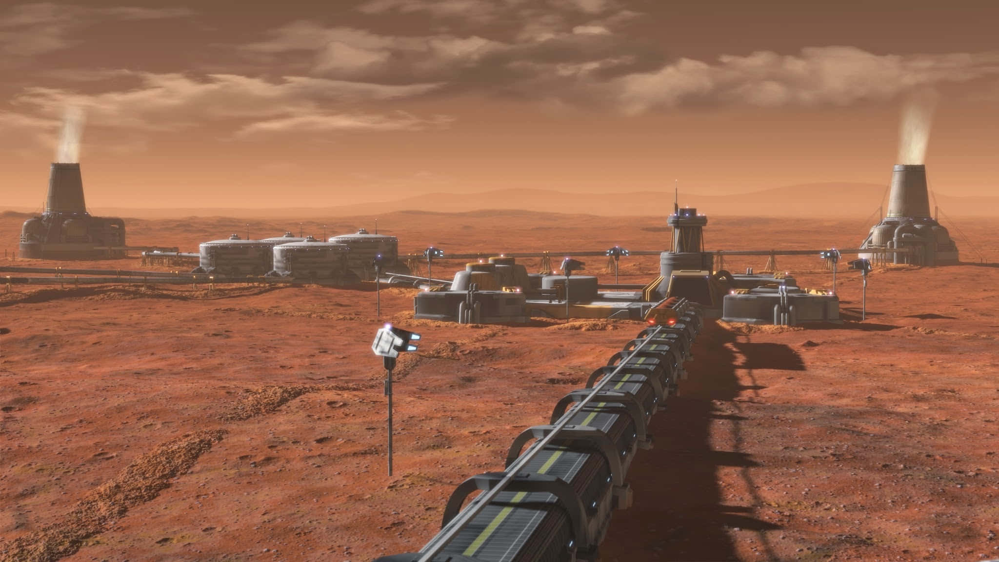 Terraforming 桌布 壁紙 — 一個未來主義的火星基地，擁有圓頂結構和煙囪，位於鏽紅色的行星上，天空是朦朧的橙色。