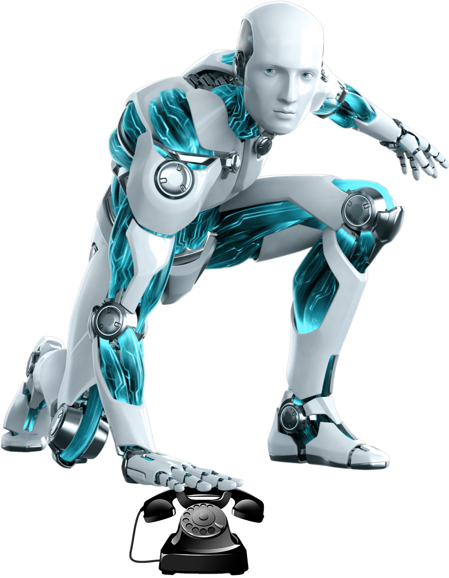 Robotics 桌布 壁紙 — 一個未來主義的白色和青色機器人蹲在一個復古黑色旋轉電話上，背景為黑色。