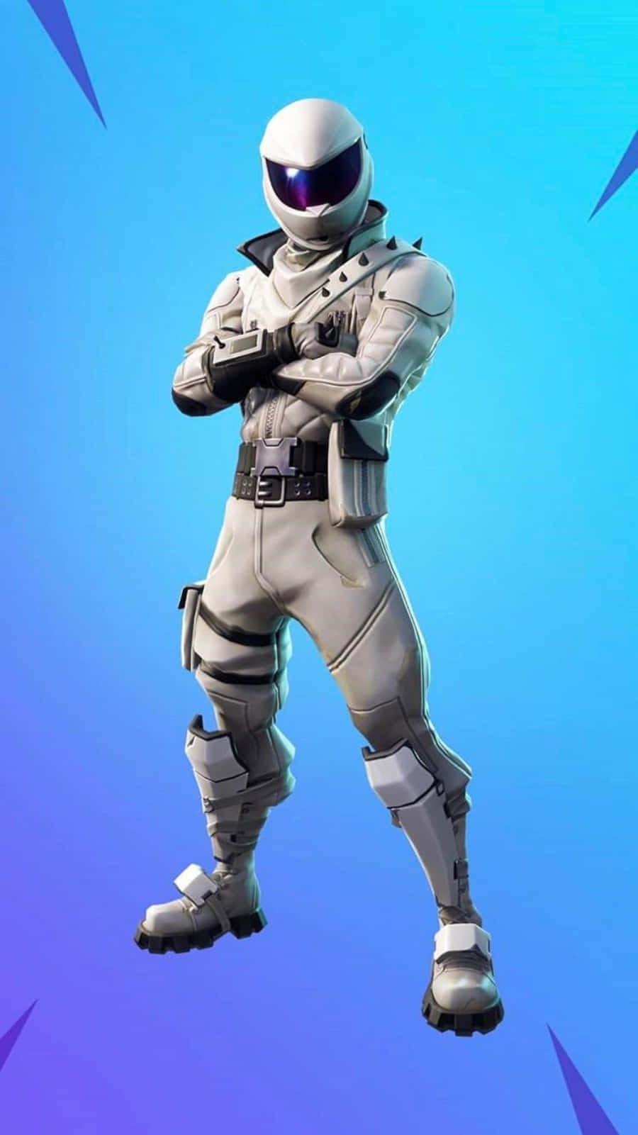 Fortnite 桌布 壁紙 — 一個未來主義的白色裝甲角色，戴著紫色護目鏡，自信地站在帶有尖銳紫色尖刺的藍色漸變背景前。