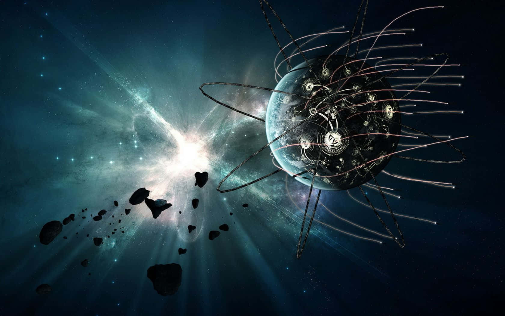 Satellite 桌布 壁紙 — 一個未來主義的行星，帶有複雜的機械觸手，在漂浮的小行星中繞著發光的宇宙星雲運行。