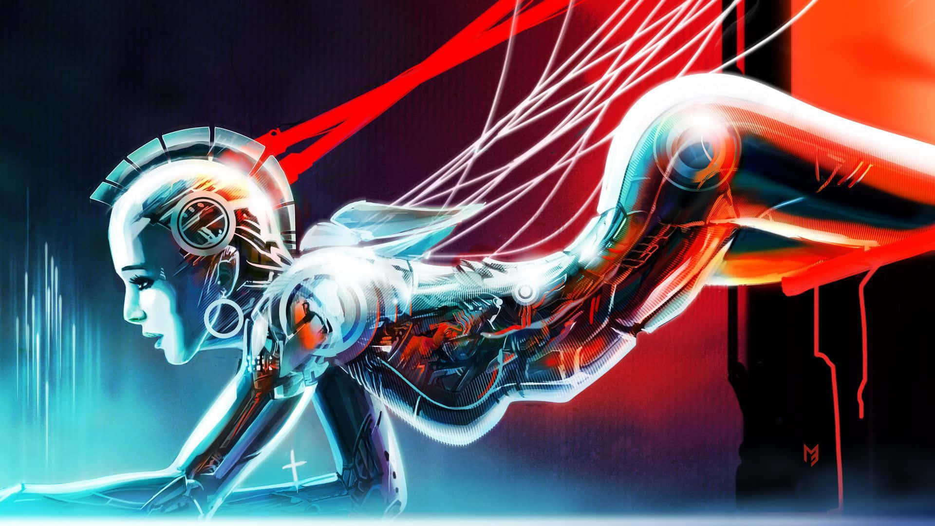 robots 桌布 壁紙 — 一個未來主義的賽博格女性，帶有發光的藍色和紅色電路，在黑暗的數位背景上動態流動。