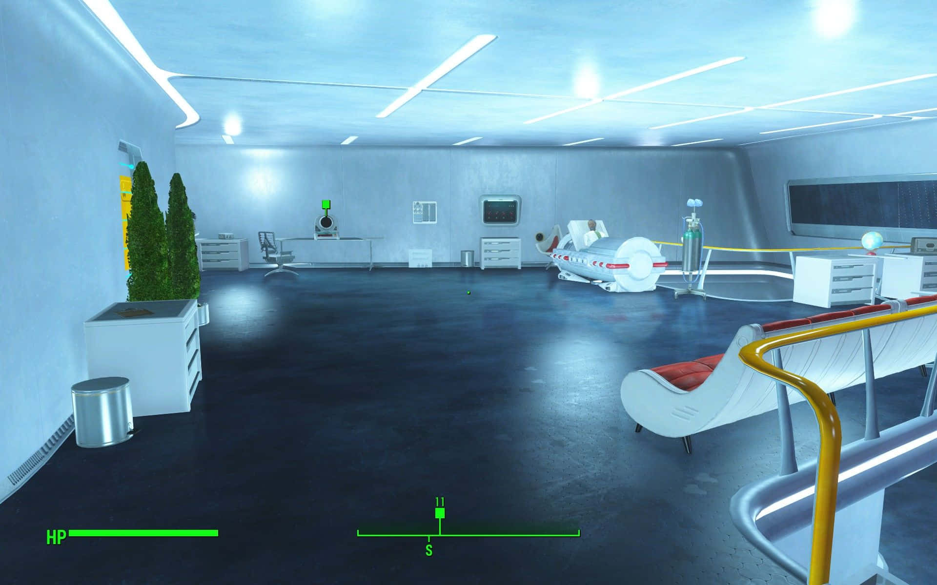 Fallout 4 Institute 桌布 壁紙 — 一個未來主義的醫療實驗室，帶有發光的白色燈光，以及一名躺在擔架上的病人，處於無菌藍色燈光下。