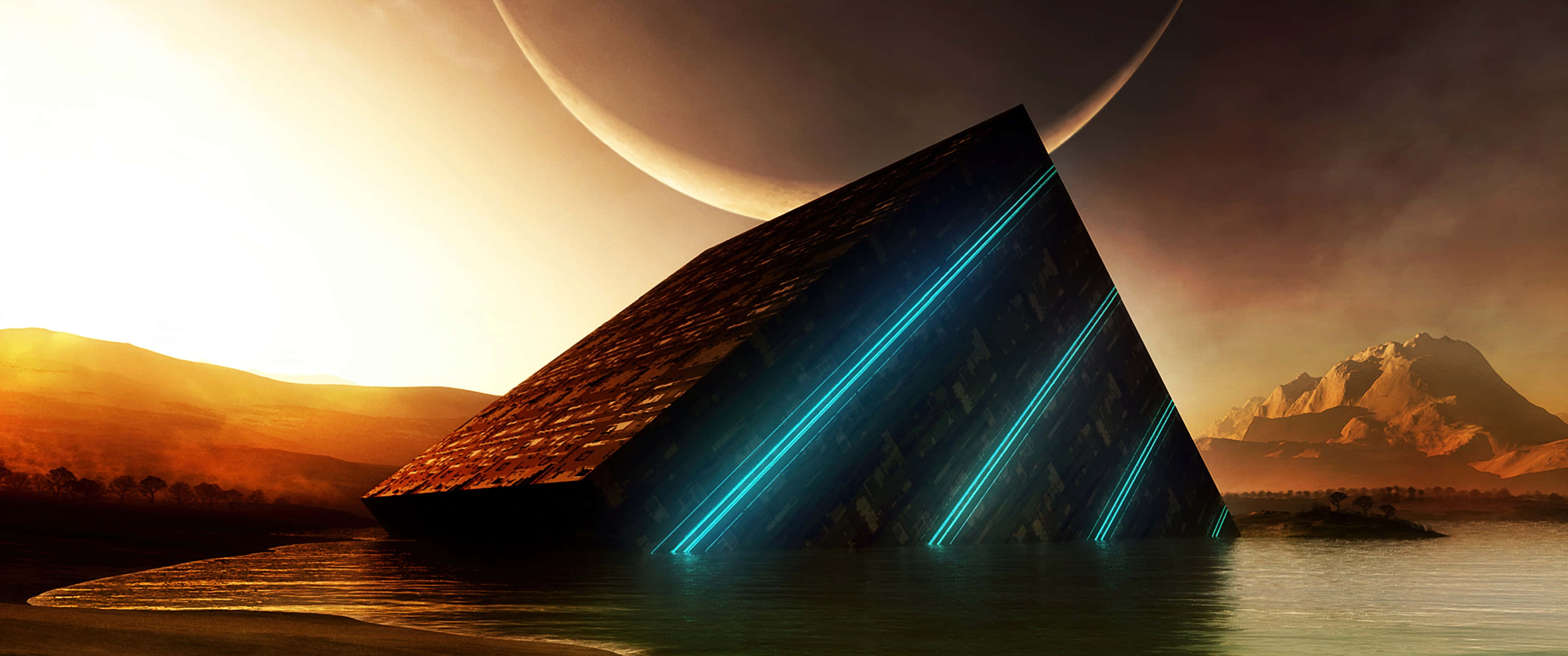 Sci Fi Landscape 桌布 壁紙 — 一個未來主義的金字塔，帶有發光的藍色線條，在巨大的月亮和橙色天空下從水中升起。