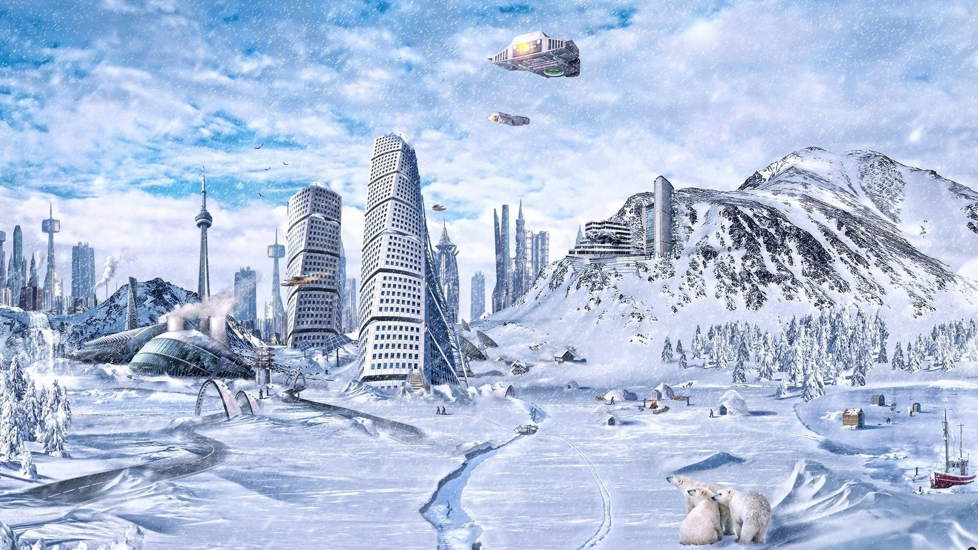 未來主義的雪城，有北極熊和飛行車輛。