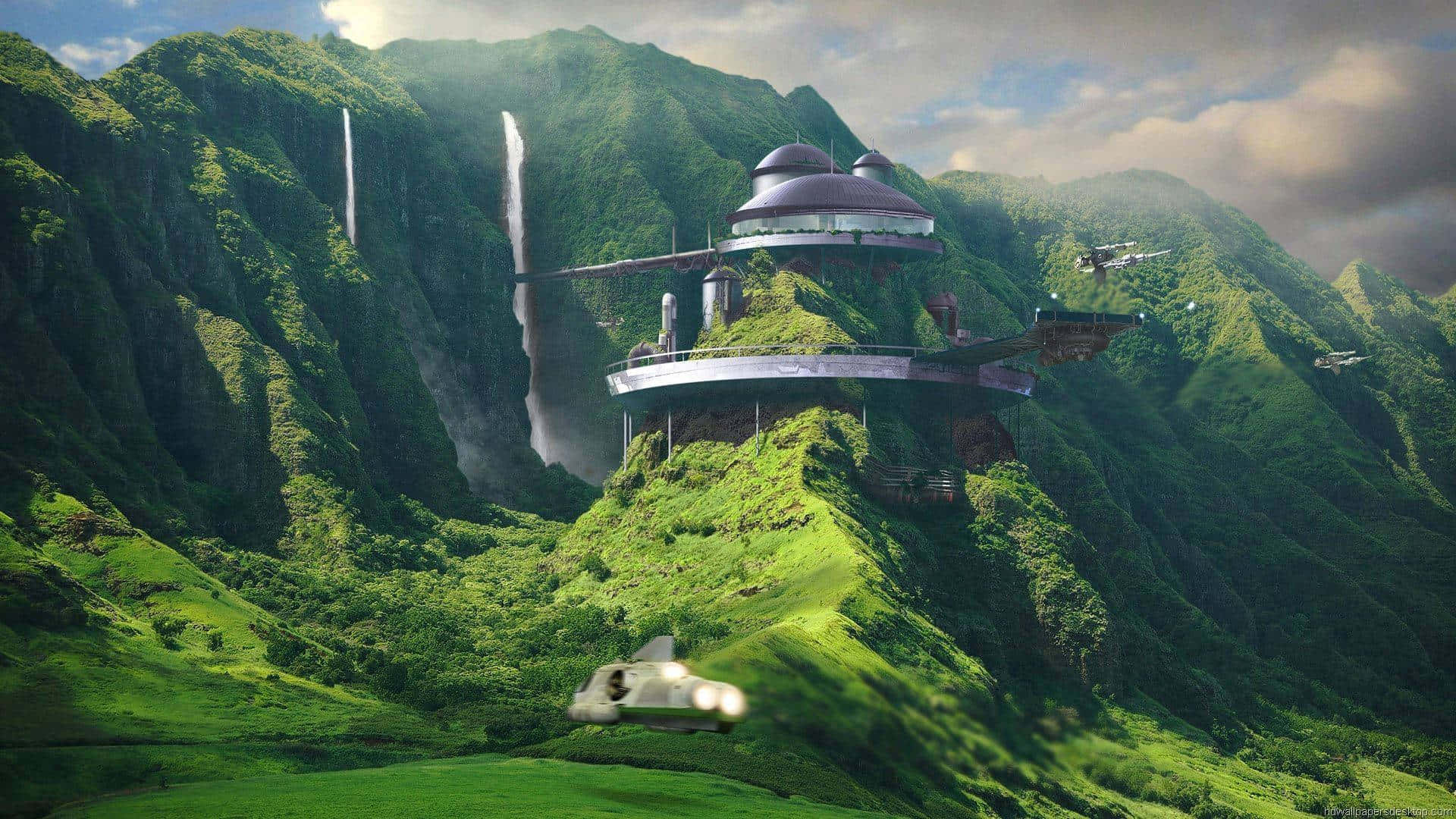 Future Desktop 桌布 壁紙 — 一個未來太空站坐落於翠綠的山頂上，瀑布從懸崖傾瀉而下，星際戰鬥機在天空中飛翔。