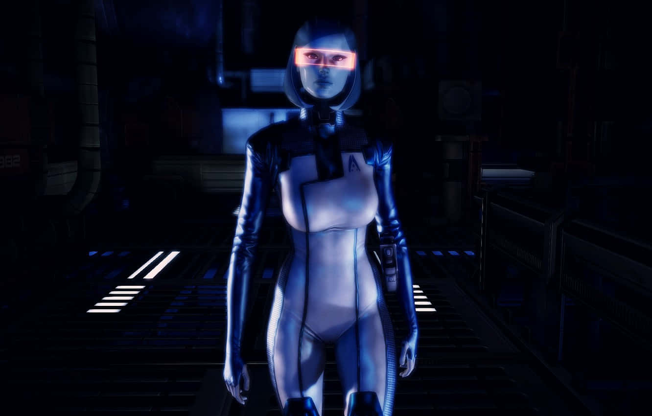 Mass Effect Edi 桌布 壁紙 — 一個未來感女性機器人，身穿時尚藍色套裝，站在燈光昏暗、地板發光的科幻走廊中。
