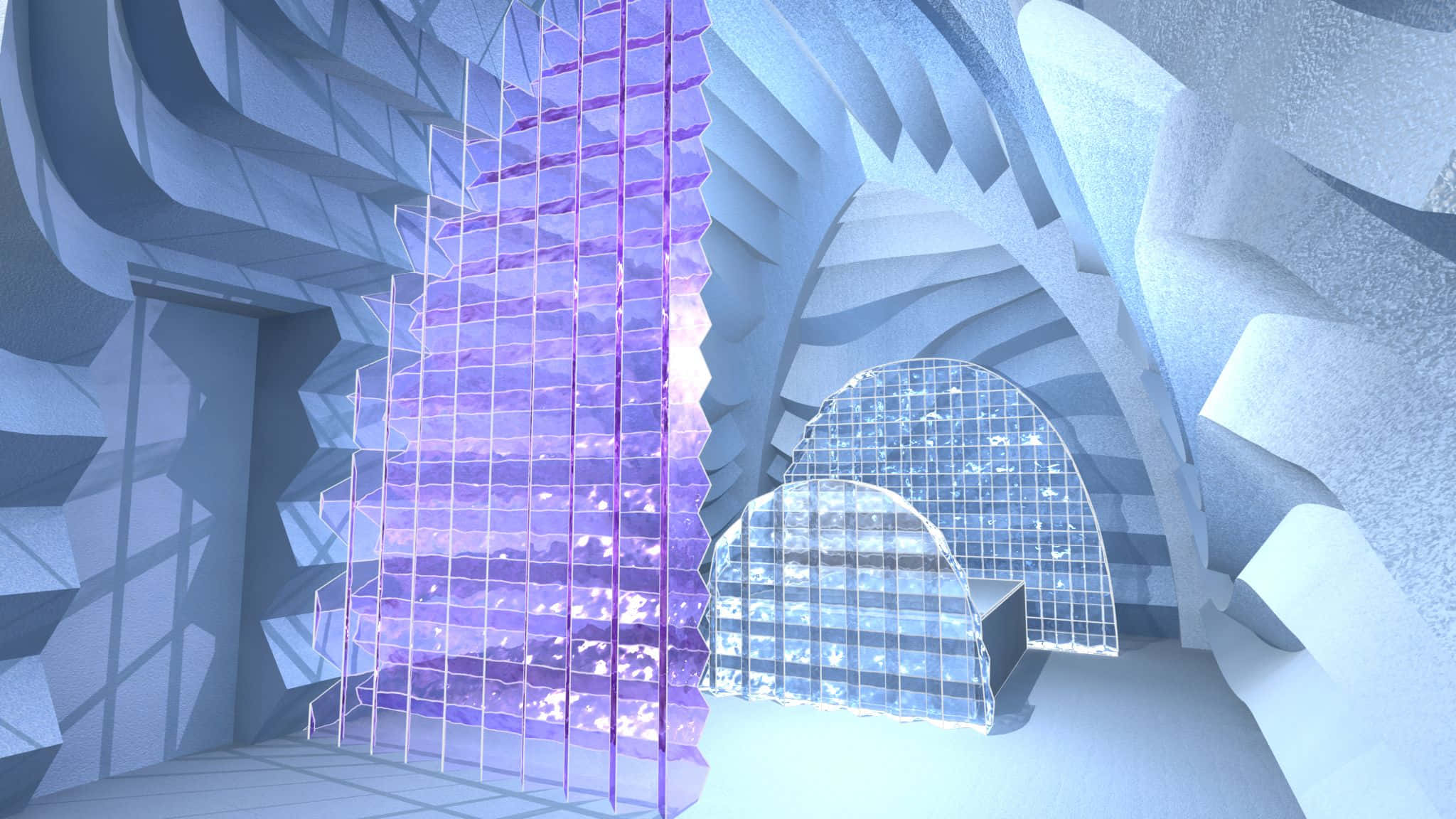Ice Hotel 桌布 壁紙 — 一個未來感發光紫色網格結構矗立在帶有幾何玻璃拱門的彎曲冰洞中。