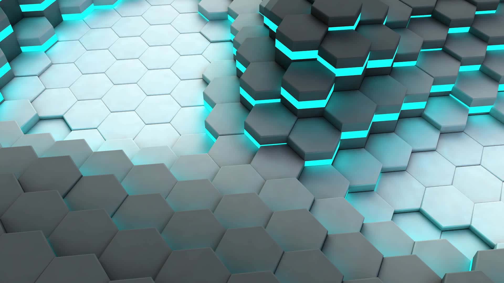 六邊形 桌布 壁紙 — 一個未來感的3D渲染表面，由發光的青色六邊形形成幾何波浪圖案。