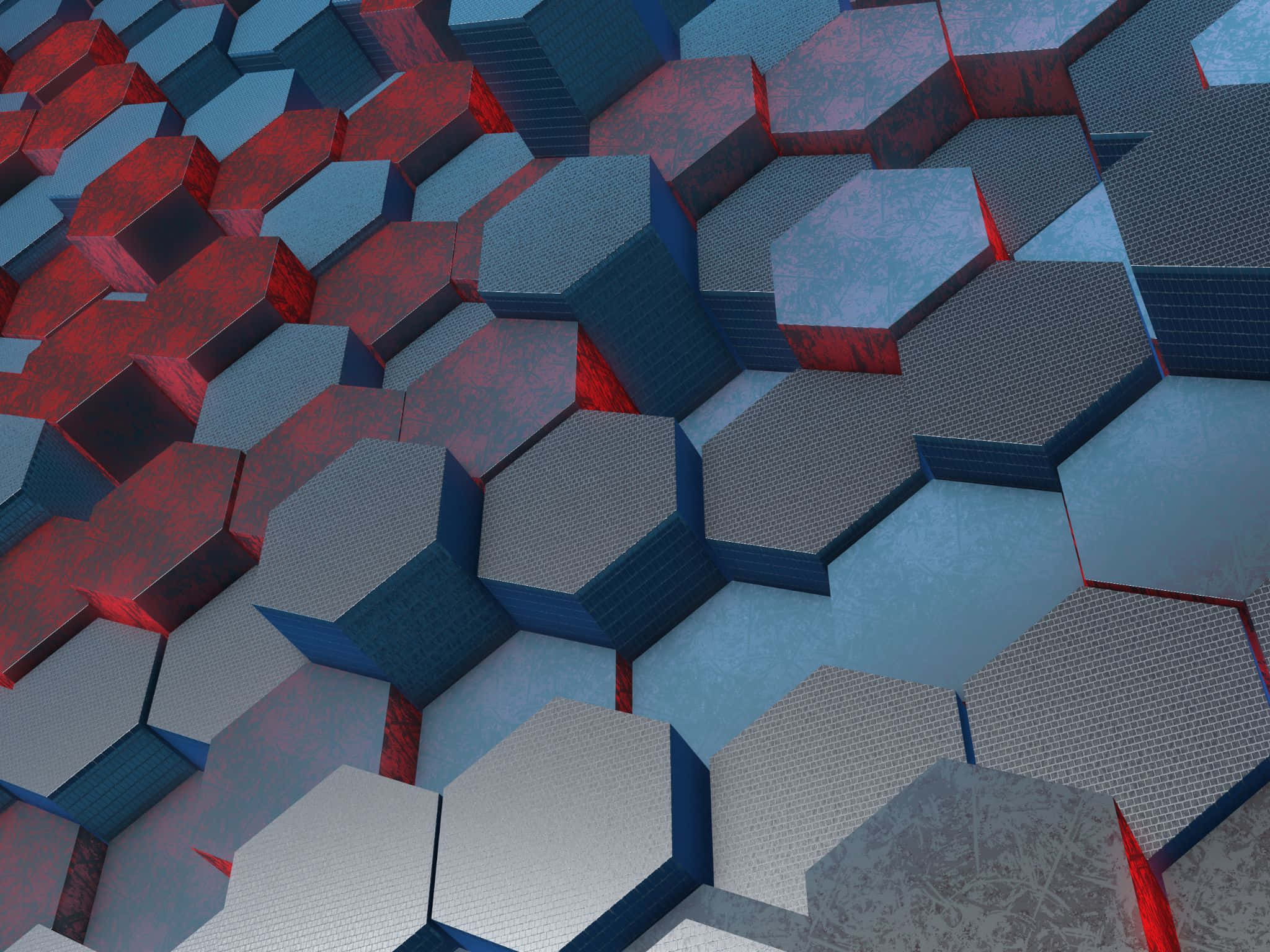 2048x1536 桌布 壁紙 — 一個未來感的3D渲染表面，由紅色、藍色和灰色的連鎖六邊形組成，邊緣發光。