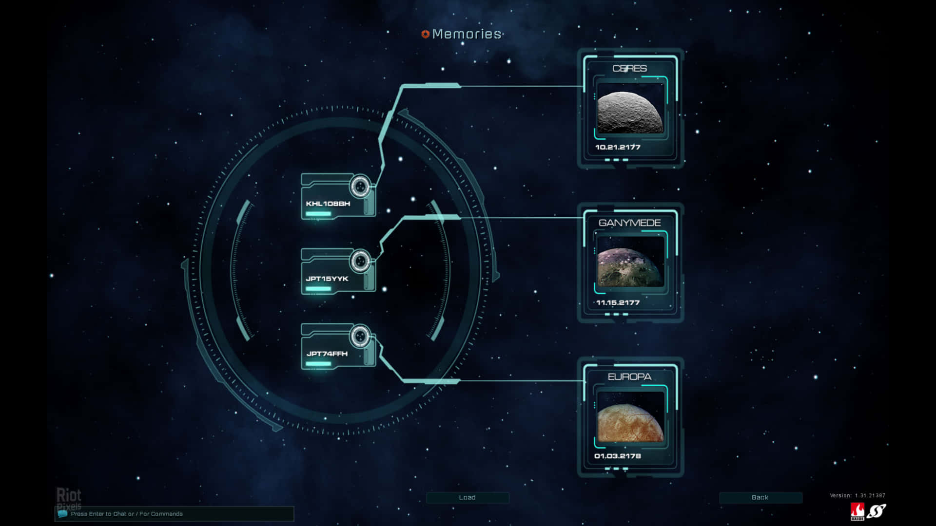 1920x1080 Ashes Of The Singularity Escalation 桌布 壁紙 — 一個未來感的全息介面在星空背景下展示穀神星、木衛三和木衛二等天體。