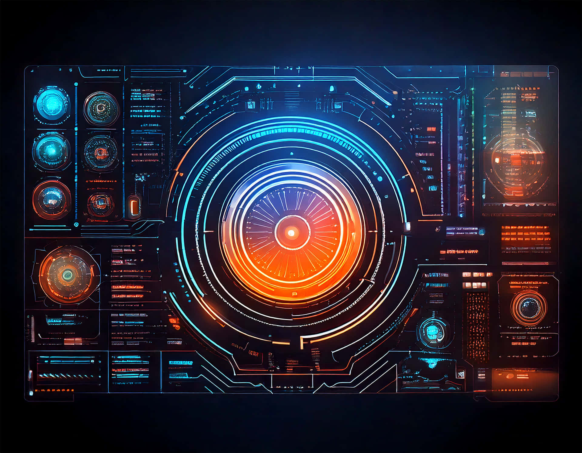 High Tech UI 壁紙 — 一個未來感的全息儀表板在黑暗背景上發出鮮豔的藍色和橙色圓形介面光芒。