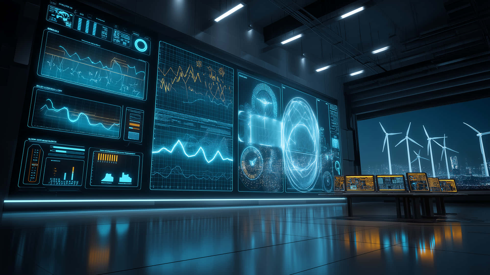 Futuristic Control Room with Dynamic Data Visualizations and Turbines 壁紙 — 一個未來感的控制室，透過大窗戶可以看到發光藍色全息數據顯示屏和風力渦輪機。