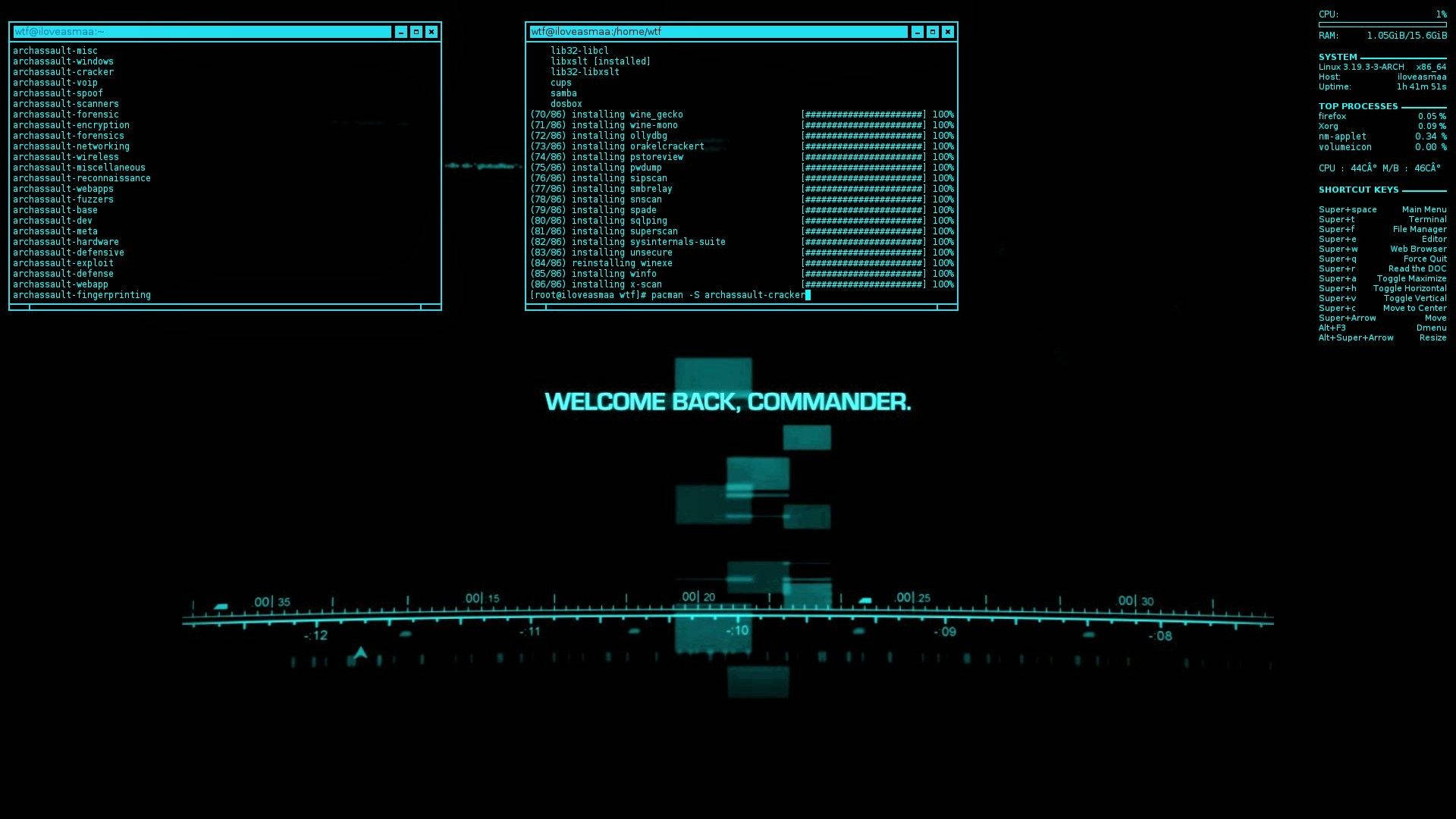 Hacker Full HD 桌布 壁紙 — 一個未來感的數位介面，帶有發光的青綠色文字和進度條，在黑色背景上歡迎指揮官歸來。