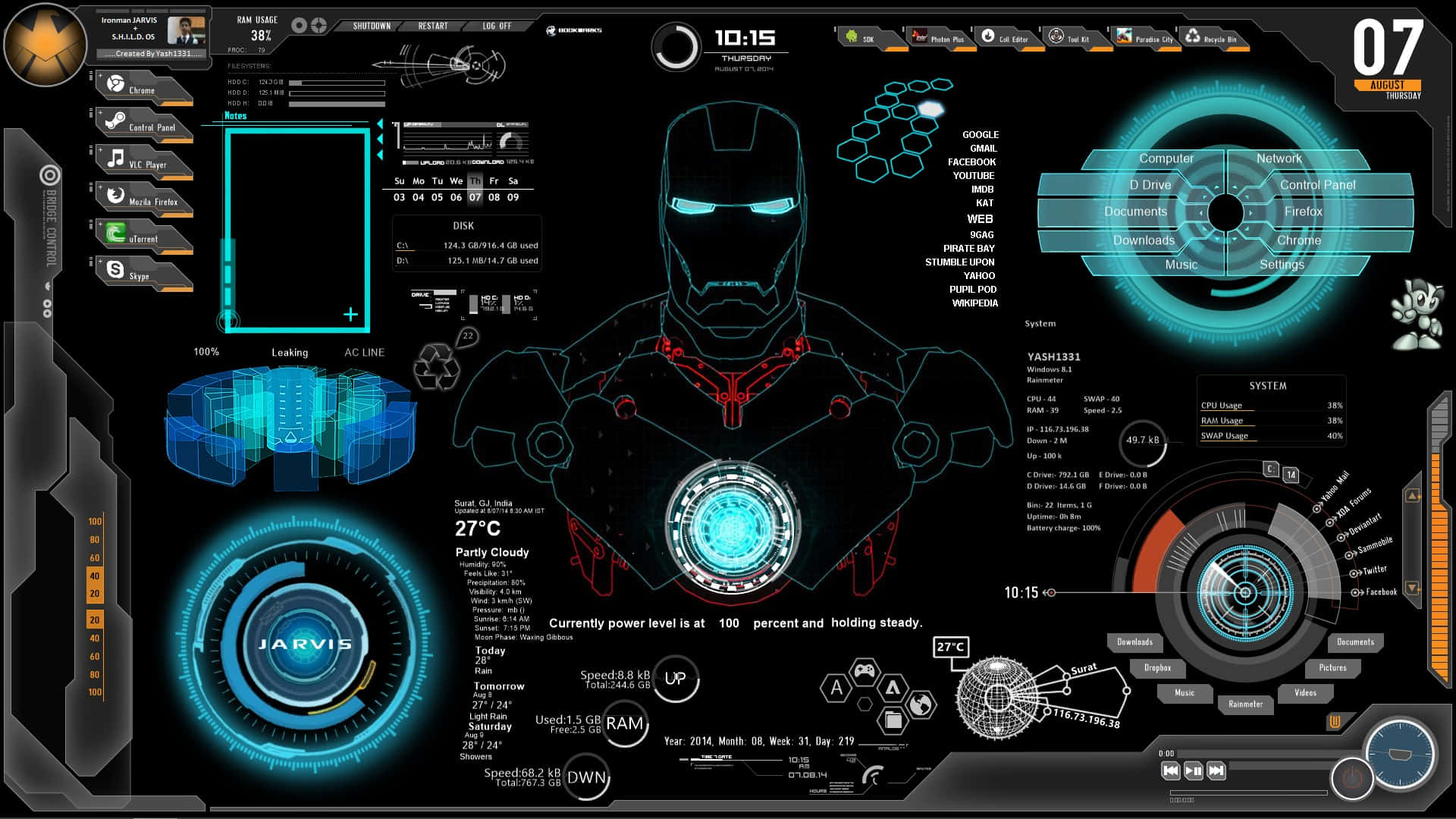 Iron Man Technology 桌布 壁紙 — 一個未來感的數位儀表板，中央的鋼鐵人頭盔周圍環繞著發光的藍色全息介面。