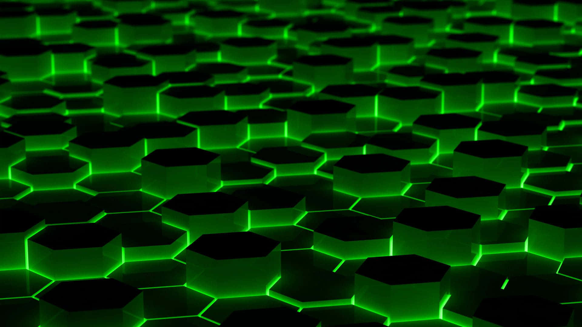 桌布 壁紙 — 一個未來感的發光綠色六邊形場域，其間有黑暗空隙，形成數位網格效果。
