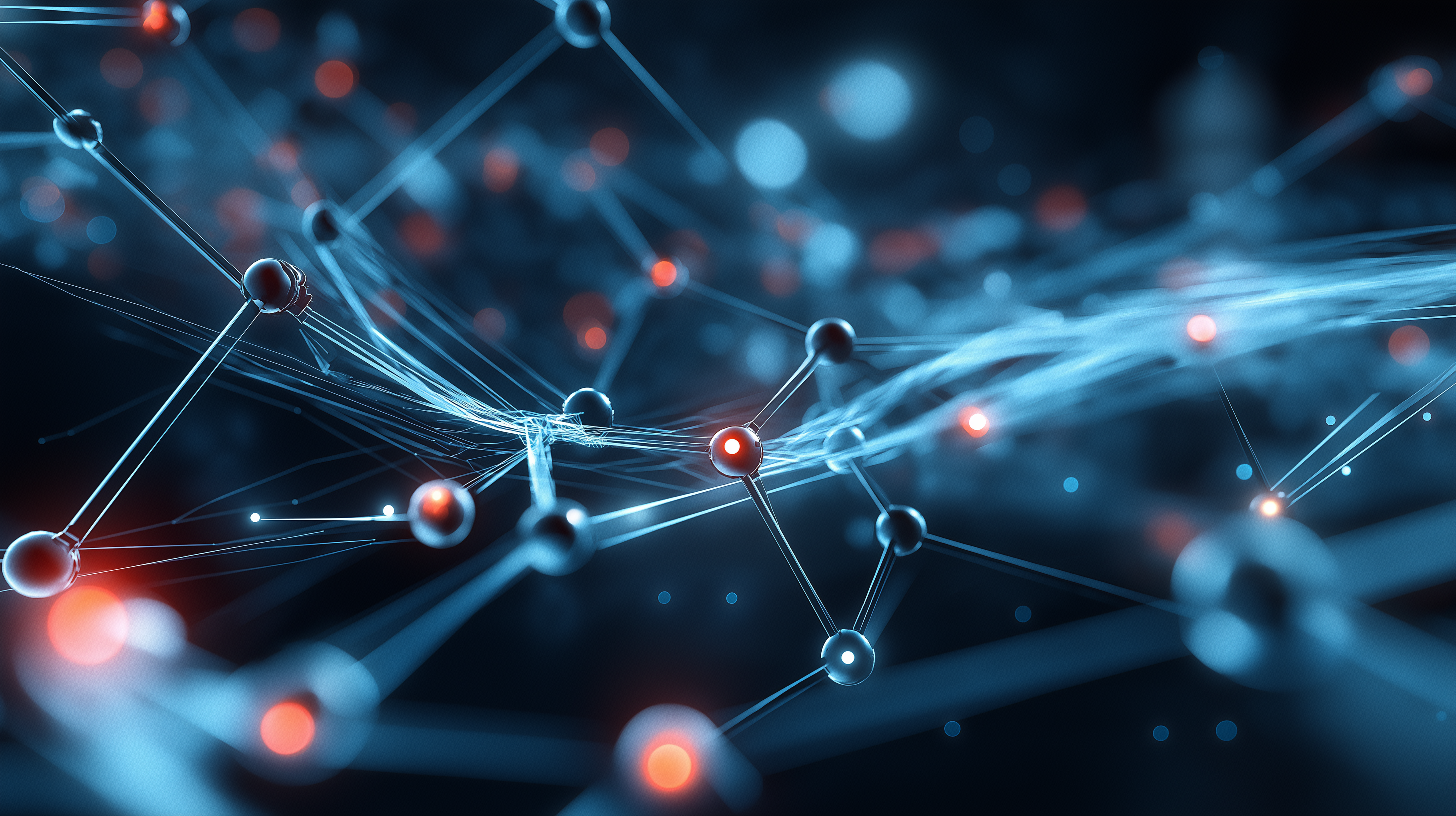 Blockchain 桌布 壁紙 — 一個未來感的網路，由發光的藍色和紅色節點組成，並以發光線條連接，背景為深色。