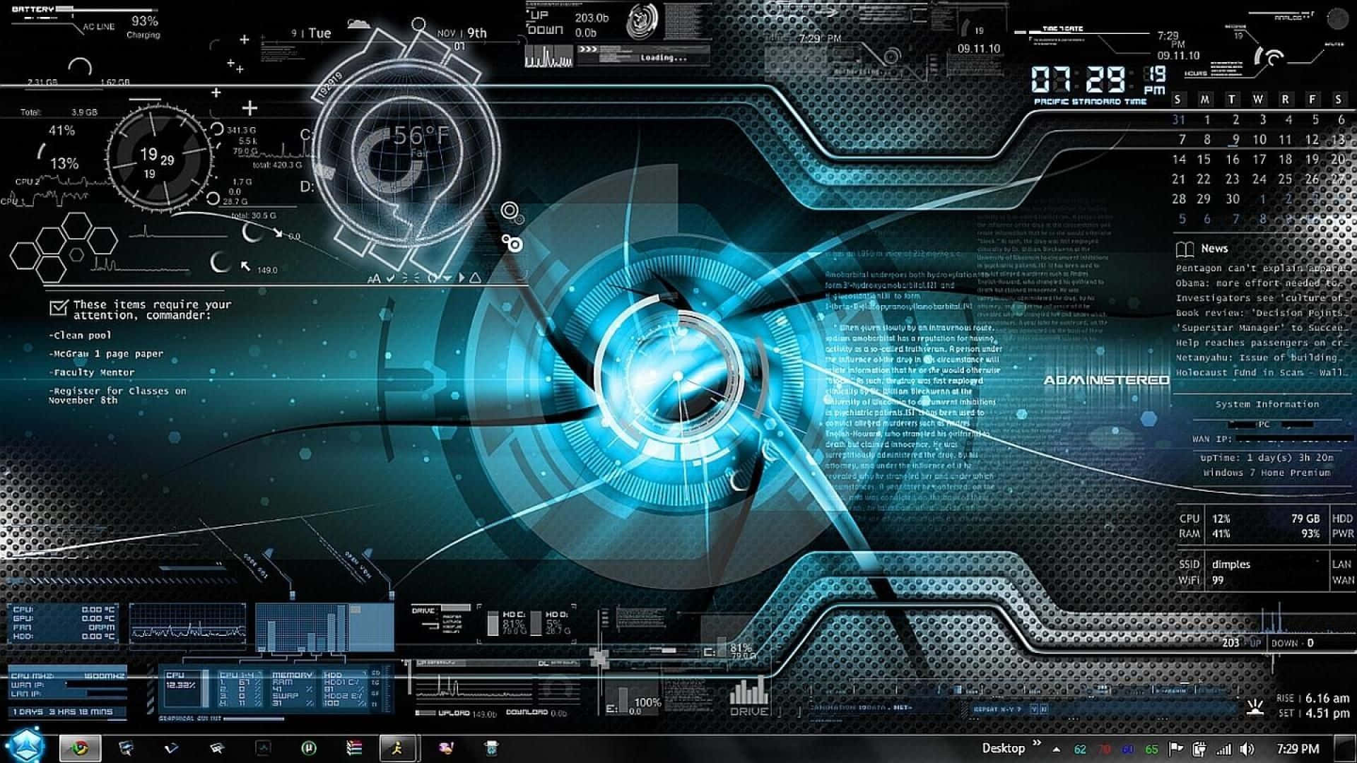 Screensavers 桌布 壁紙 — 一個未來感的藍色數位儀表板，帶有發光的圓形介面和系統統計疊加層，背景為深色金屬質感。