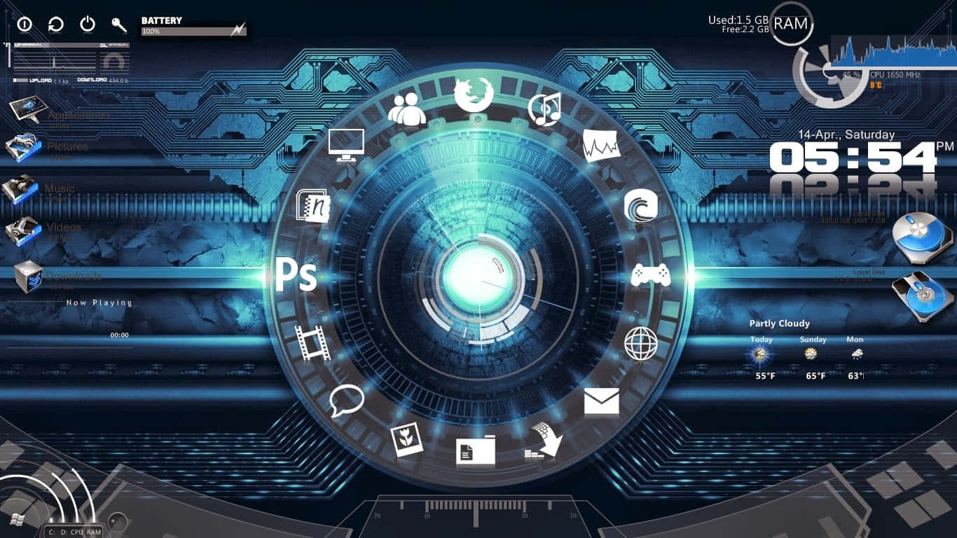 Iron Man Technology 桌布 壁紙 — 一個未來感的藍色數位儀表板，帶有發光的圓形介面和系統統計數據，背景為電路板。
