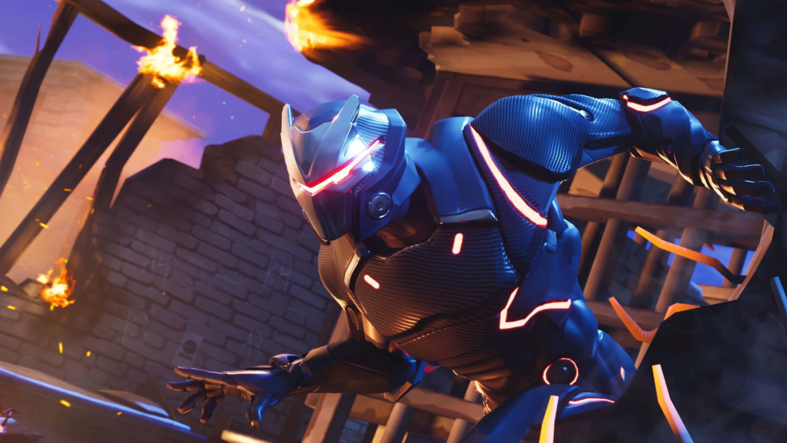 Fortnite 桌布 壁紙 — 一個未來感的藍色裝甲戰士，發光的紅色眼睛，在黃昏時跳過燃燒的木結構。