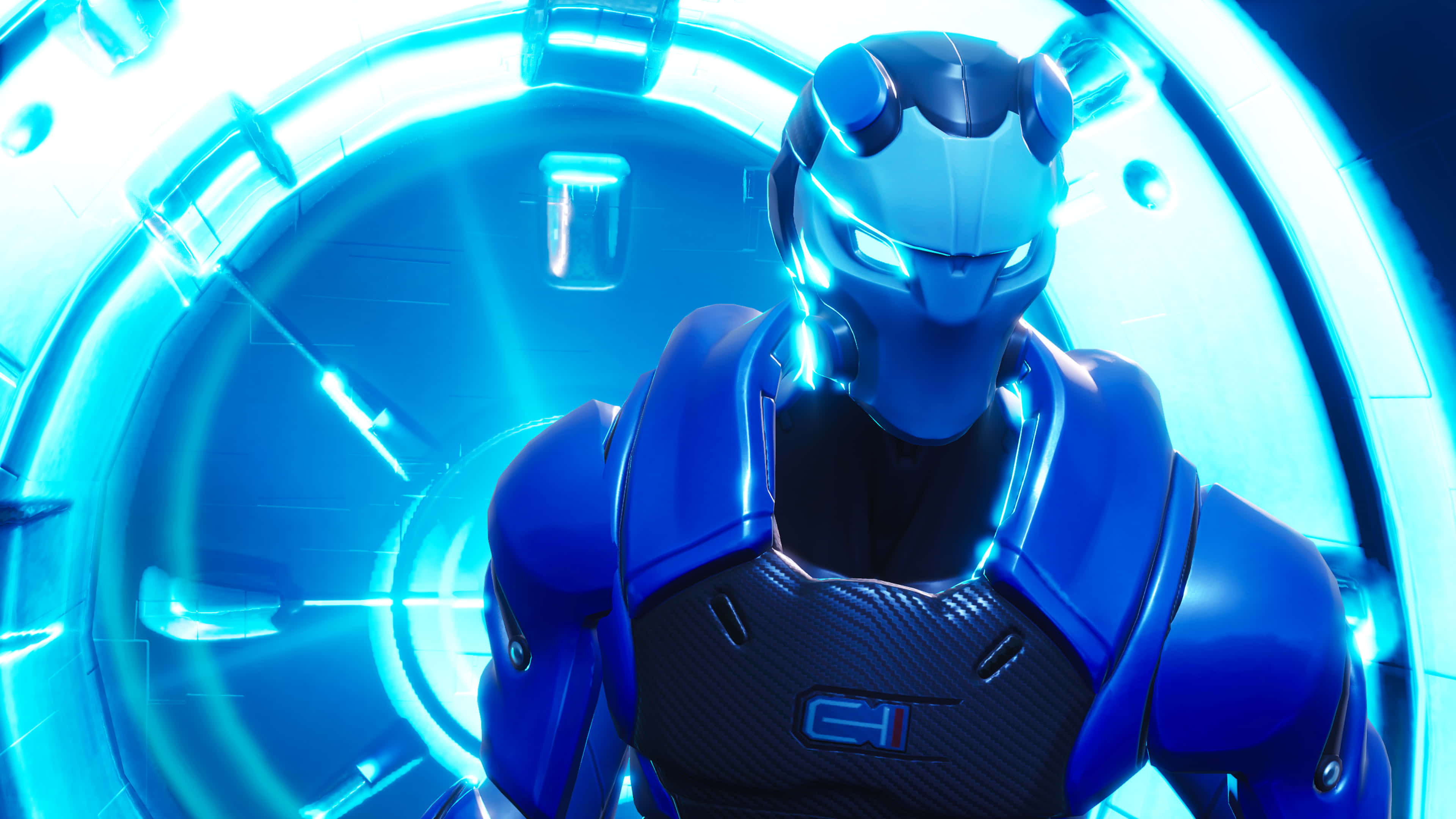 Fortnite 桌布 壁紙 — 一個未來感的藍色裝甲機器人站在發光的圓形科幻傳送門中，帶有強烈的霓虹燈光。