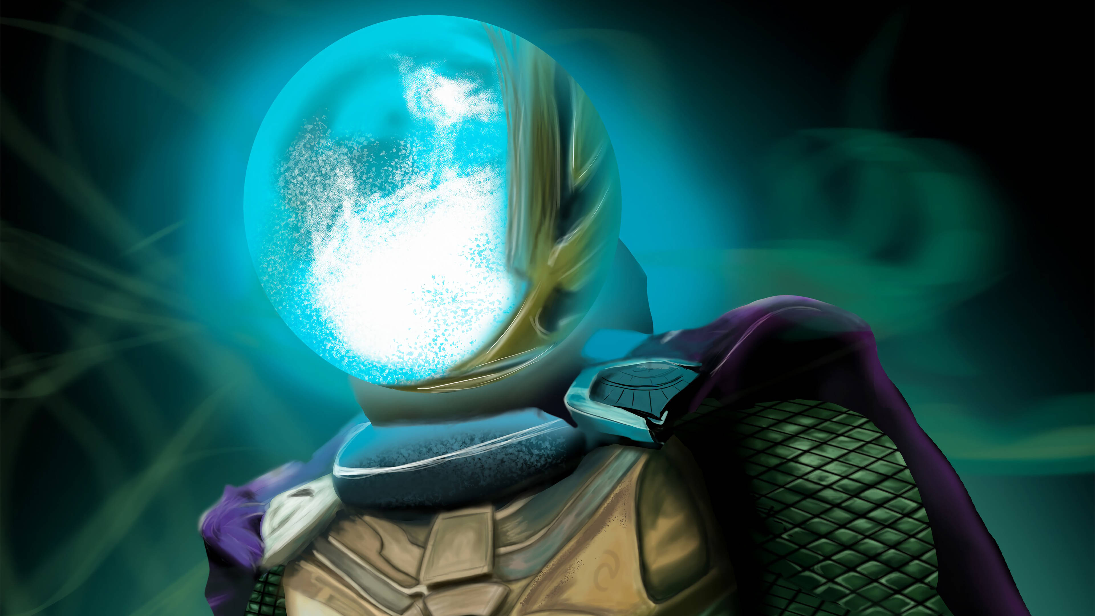 Mysterio 桌布 壁紙 — 一個未來戰士，頭部是發光的藍色球體，站在深藍綠色宇宙背景前。
