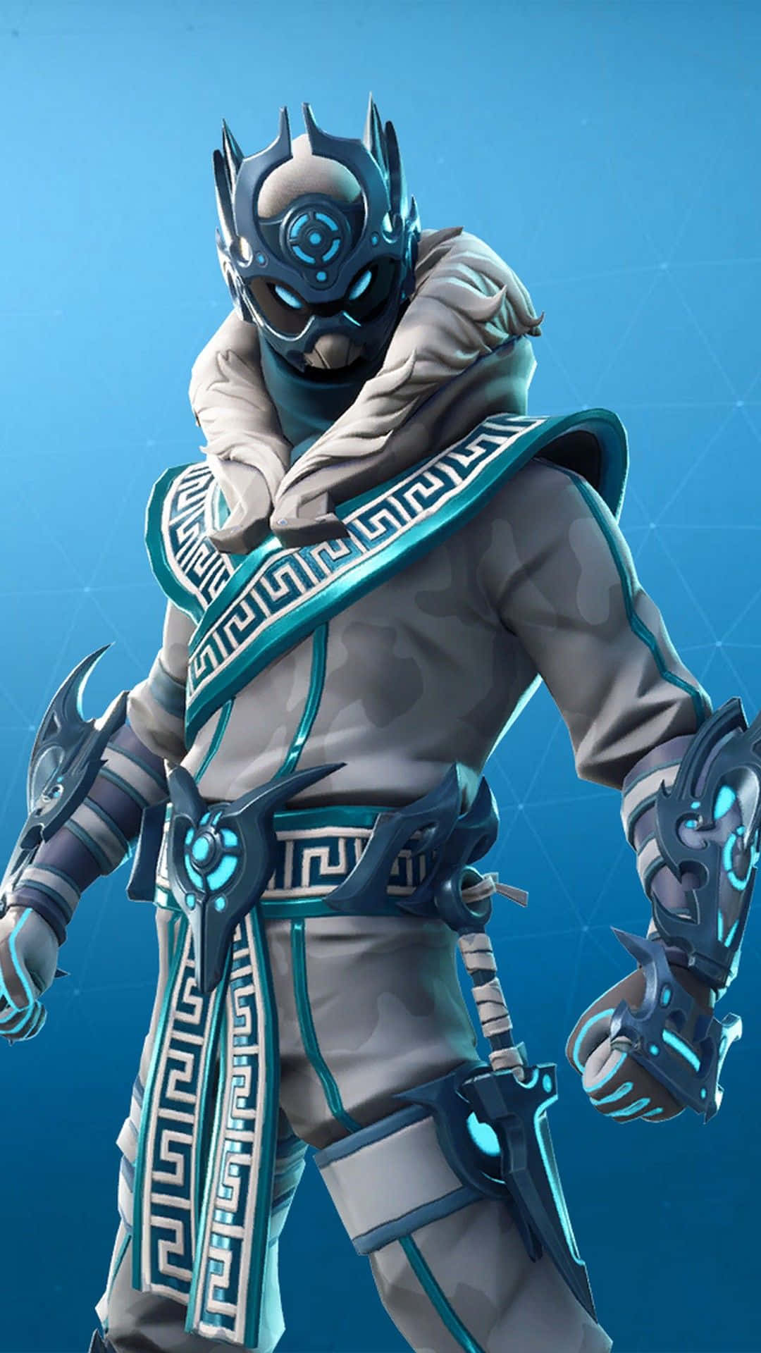 Fortnite 桌布 壁紙 — 一個未來戰士穿著華麗的藍色和灰色盔甲，帶有發光裝飾，站在數位藍色背景前。