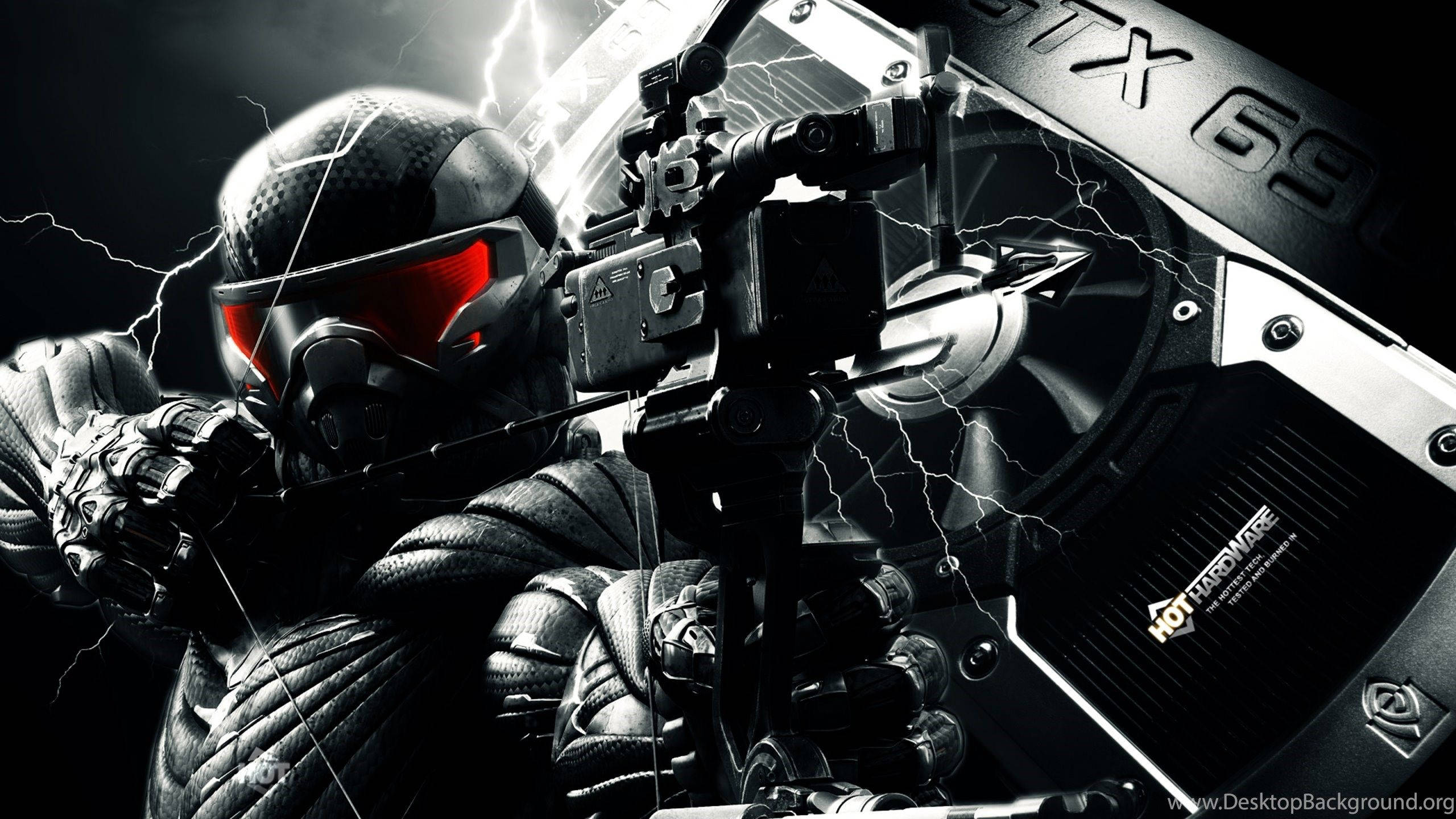 crysis 3 4K 桌布 壁紙 — 一個未來戰士穿著黑色盔甲，紅色發光護目鏡，瞄準武器，背景是閃電和一張GTX 690顯示卡。