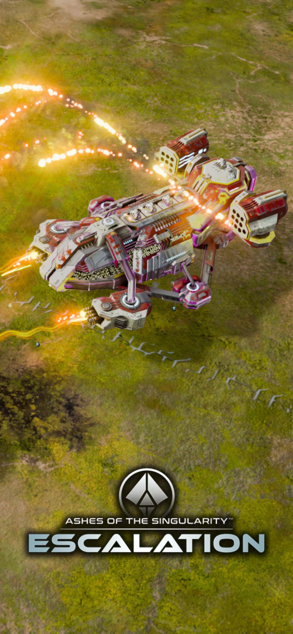 iPhone X Ashes Of The Singularity Escalation 桌布 壁紙 — 一個未來機甲在草地戰場上發射發光的橙色能量爆炸，科幻遊戲場景。