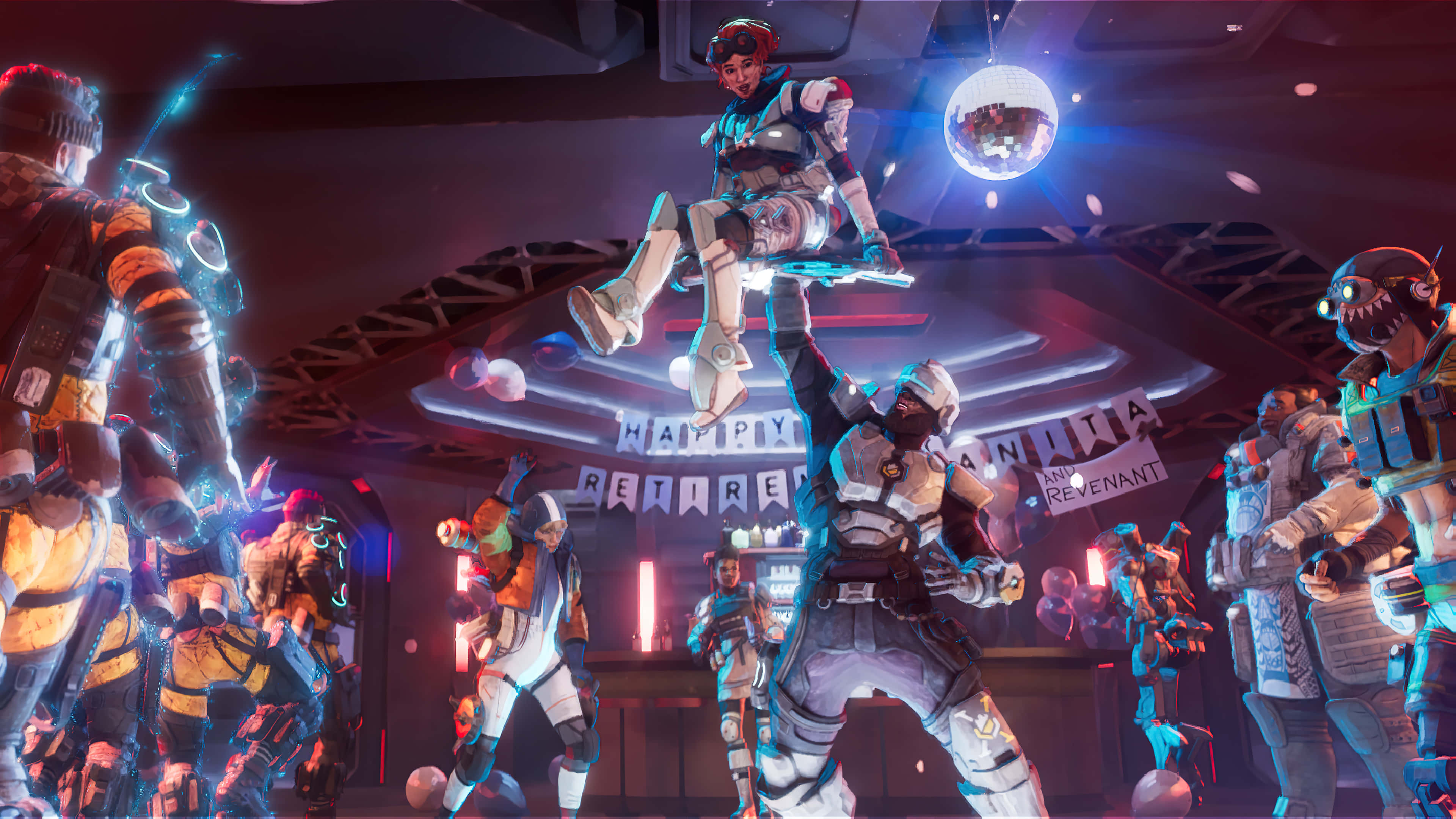 Apex Legends Characters 桌布 壁紙 — 一個未來派派對場景，裝甲角色在霓虹燈閃爍的太空船酒吧中，在迪斯科球下跳舞。