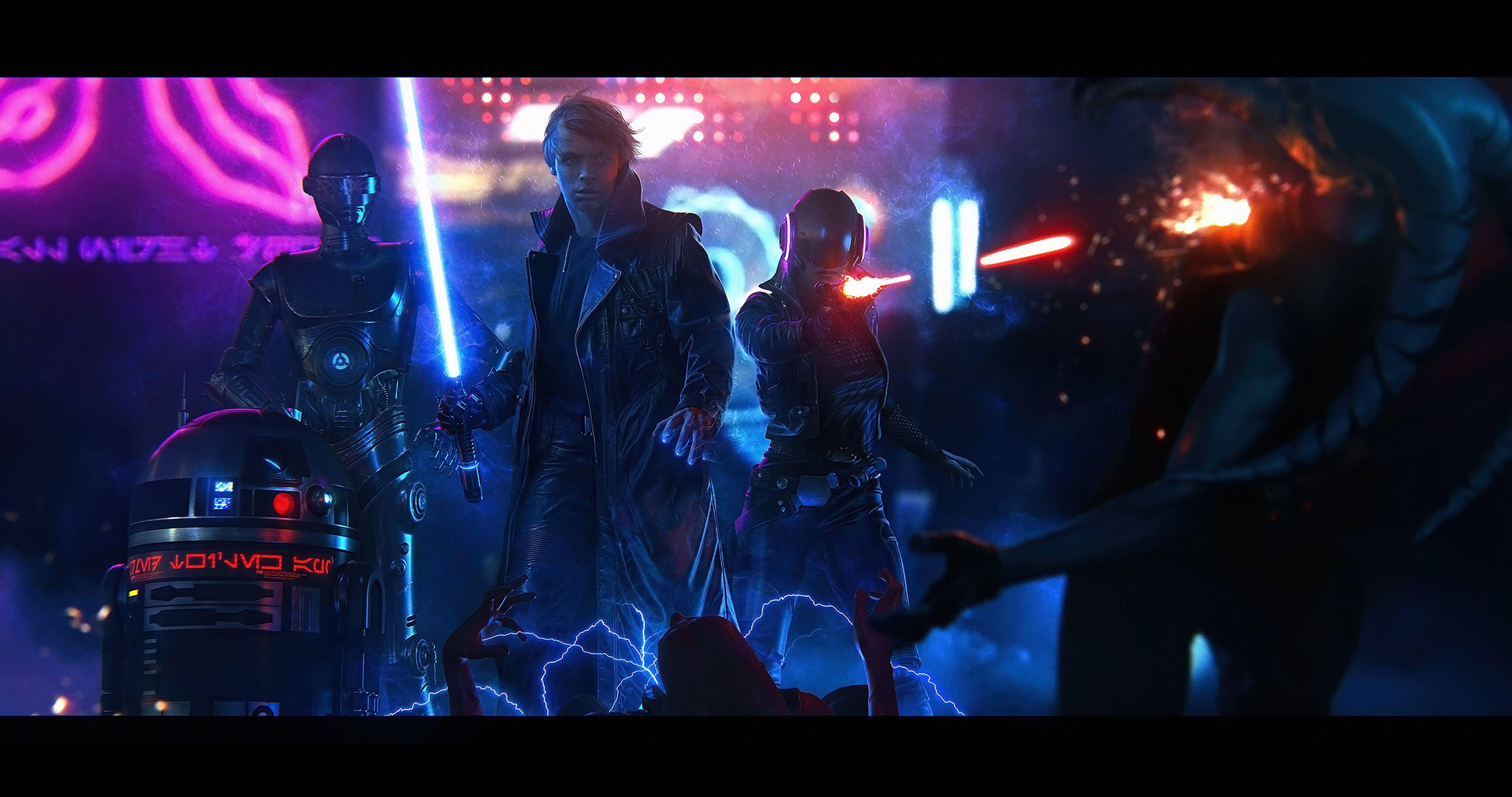 Star Wars Luke Skywalker 4K 桌布 壁紙 — 一個未來科幻場景，角色們在霓虹燈光和電火花中揮舞著發光的光劍。