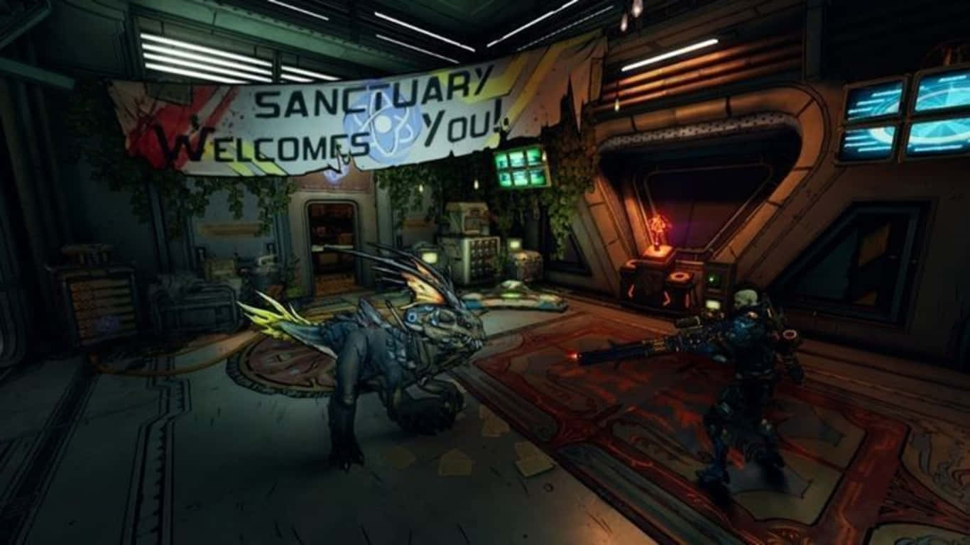 1366x768 Borderlands 3 桌布 壁紙 — 一個未來科幻房間，帶有寫著 sanctuary 的橫幅歡迎您，展示一個機械生物和一個手持武器的士兵。