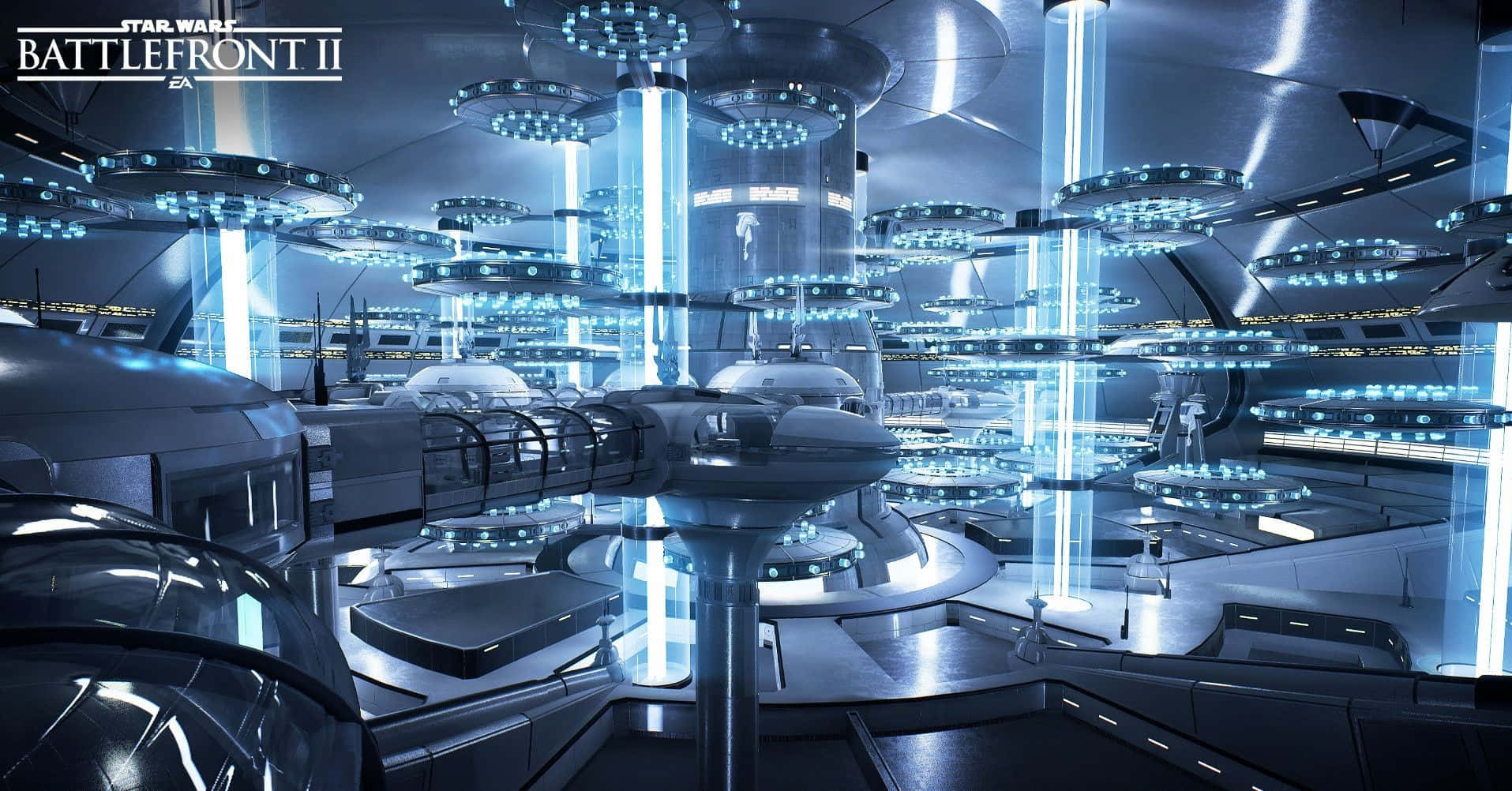 Kamino 桌布 壁紙 — 一個未來科幻風格的太空船機庫，設有發光藍色能量柱和時尚金屬船艦，上方是弧形天花板。