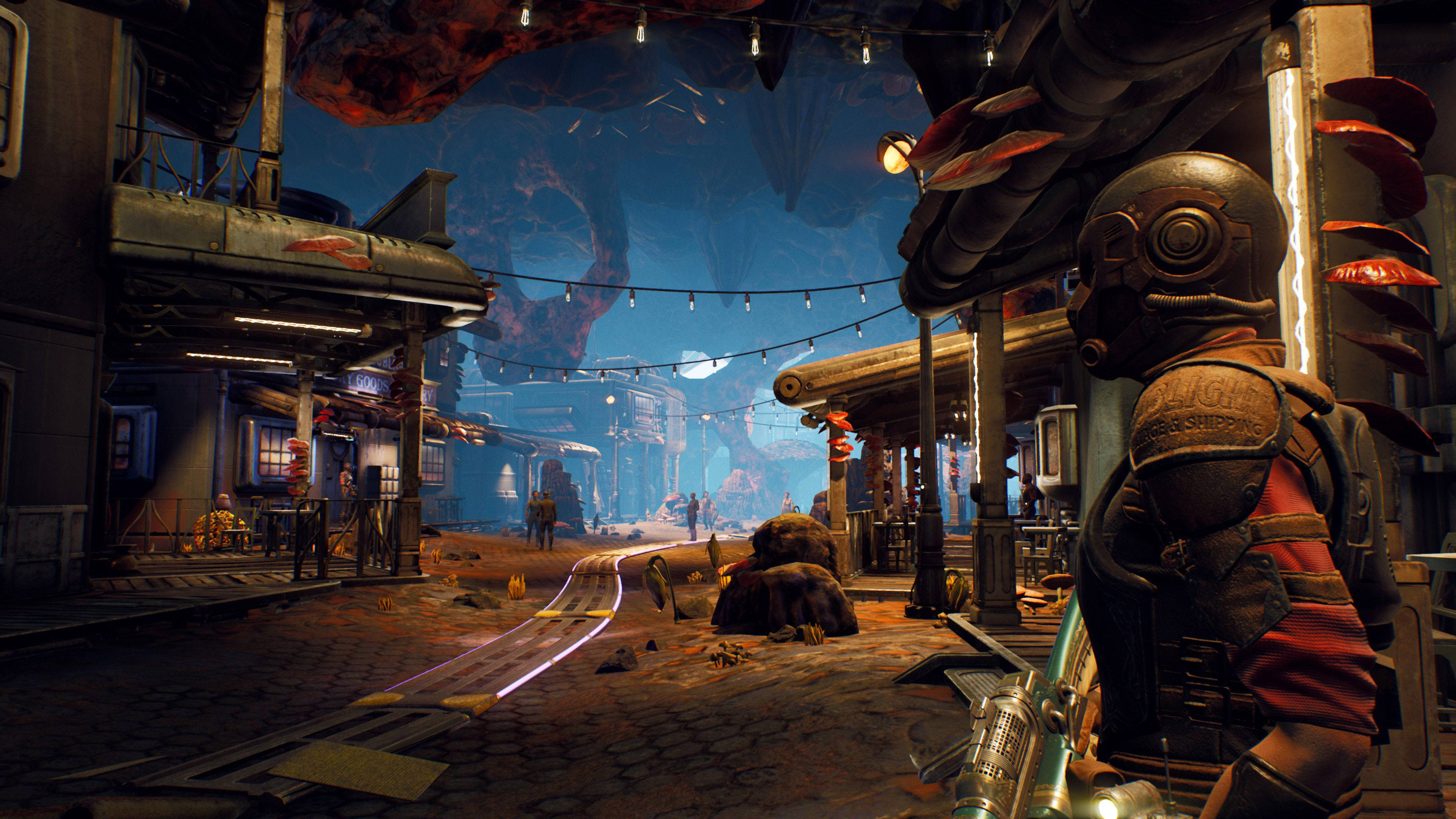 The Outer Worlds 桌布 壁紙 — 一個未來科幻風格的街景，前景有身穿裝甲的人物、霓虹燈和漂浮的外星結構，在月光照耀的天空下。