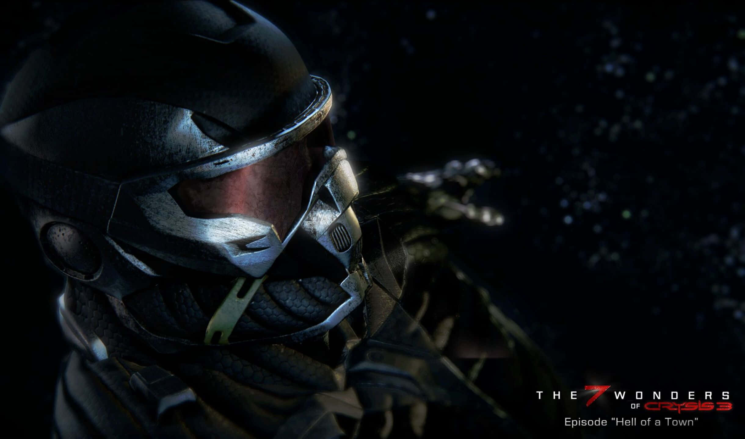 2440x1440 Crysis 3 桌布 壁紙 — 一個未來裝甲戰士在黑暗太空中的特寫，擁有發光的紅色眼睛和舉起的武器。