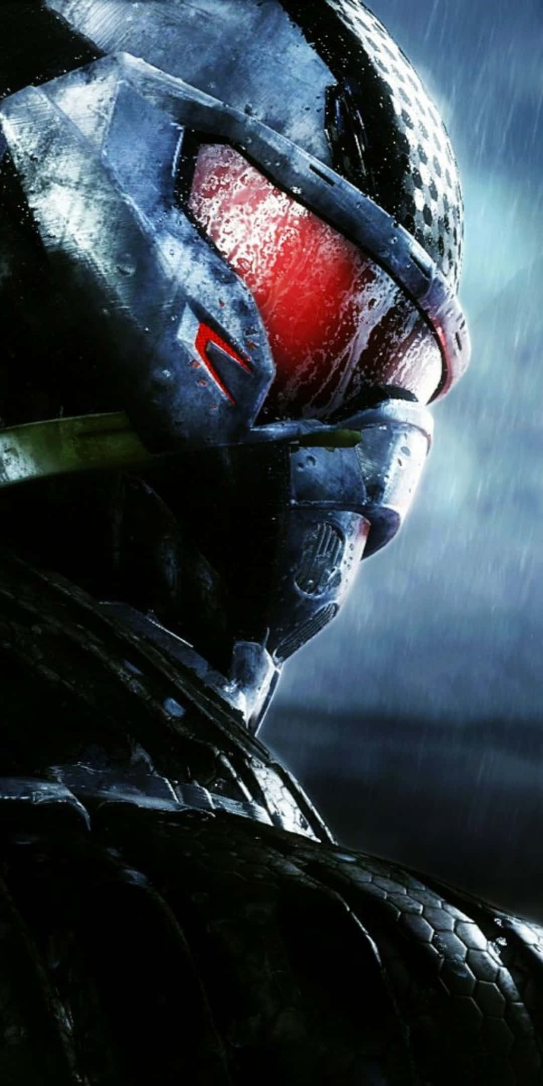Pixel 3 Crysis 3 桌布 壁紙 — 一個未來裝甲戰士的特寫，在黑暗暴風雨中有一隻發光的紅色眼睛。