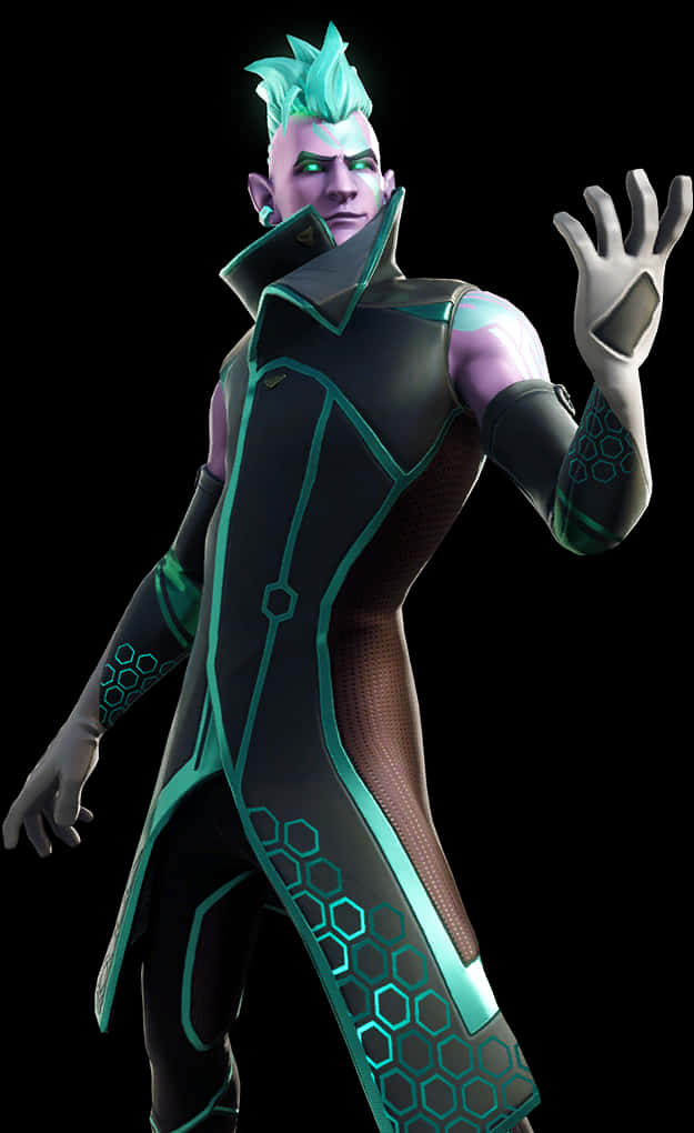 Fortnite Character 桌布 壁紙 — 一個未來角色，擁有發光的青綠色頭髮和六角形科技套裝，在黑色背景前擺姿勢。