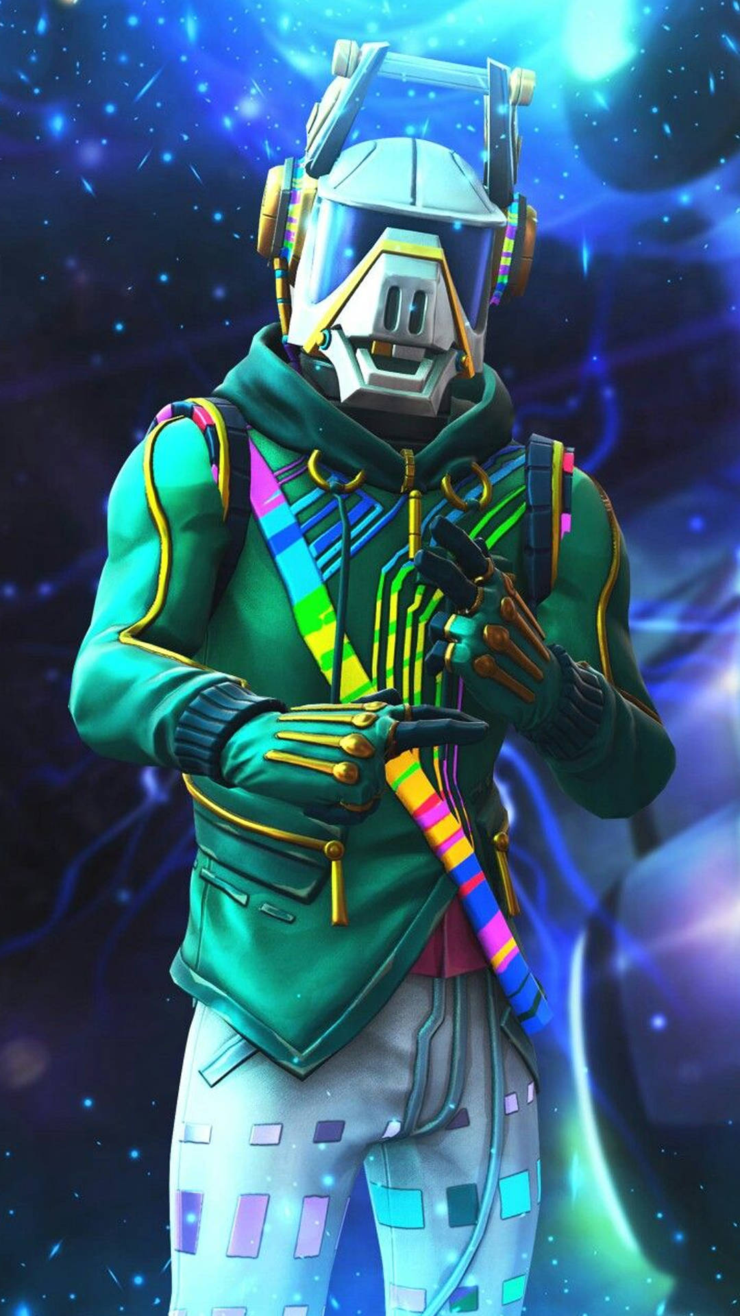 Fortnite Chapter 2 Season 6 桌布 壁紙 — 一個未來角色穿著螢光綠色服裝和頭盔，站在宇宙星空背景下，散發著發光的藍色能量。