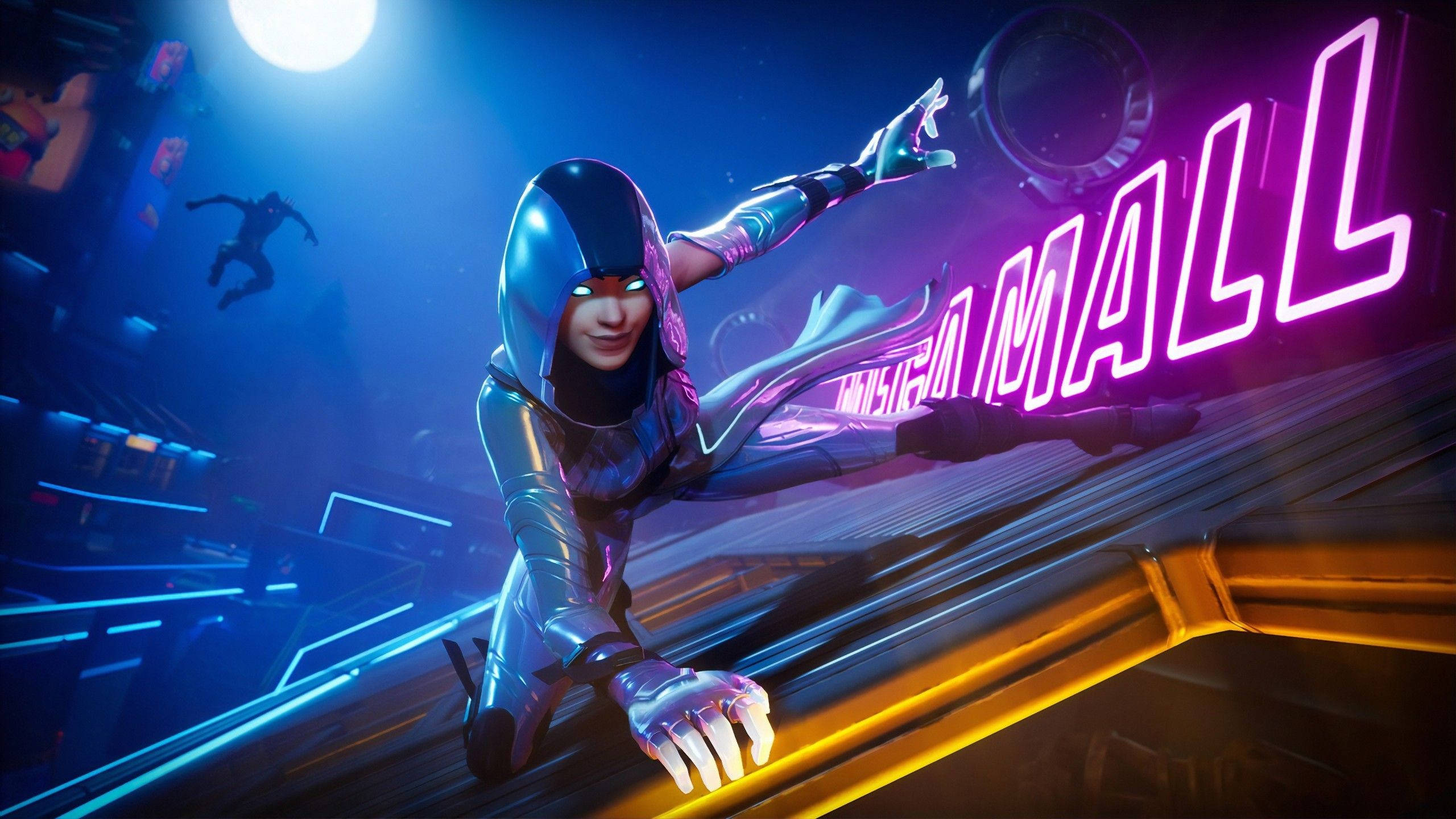Fortnite 桌布 壁紙 — 一個未來角色身穿金屬盔甲，在發光的月亮下，於一個充滿活力的「MALL」標誌附近，滑過一個霓虹燈照亮的天台。