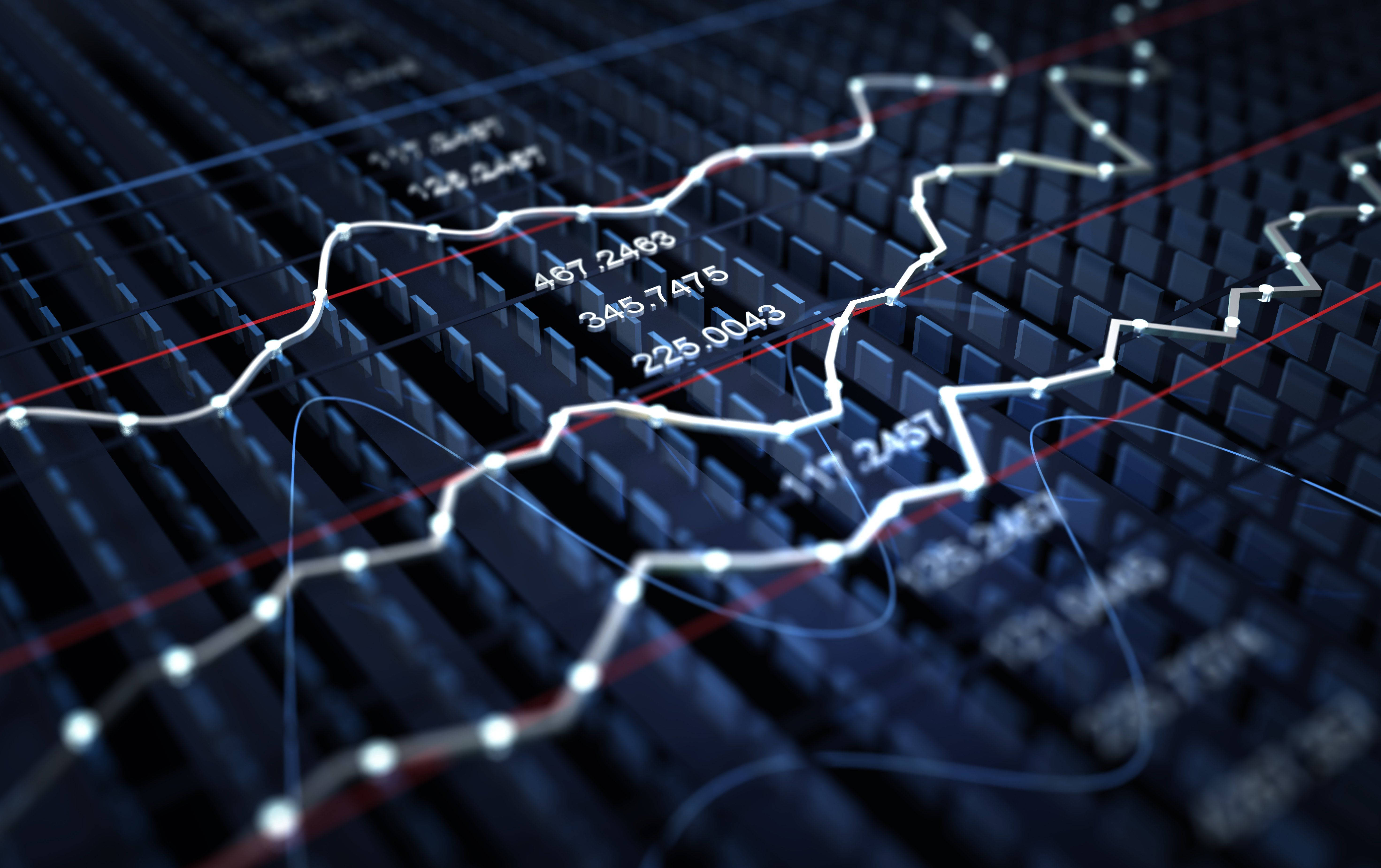 Market 桌布 壁紙 — 一個未來風格的3D渲染金融圖表，帶有發光的線條和數字，漂浮在深色網格背景上。
