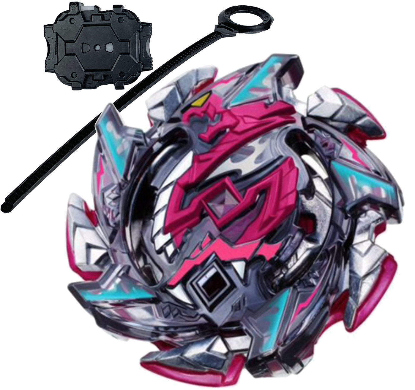 Beyblade 桌布 壁紙 — 一個未來風格的Beyblade，帶有尖銳的金屬銀、粉紅和青色點綴，以及它的發射器，背景為黑色。