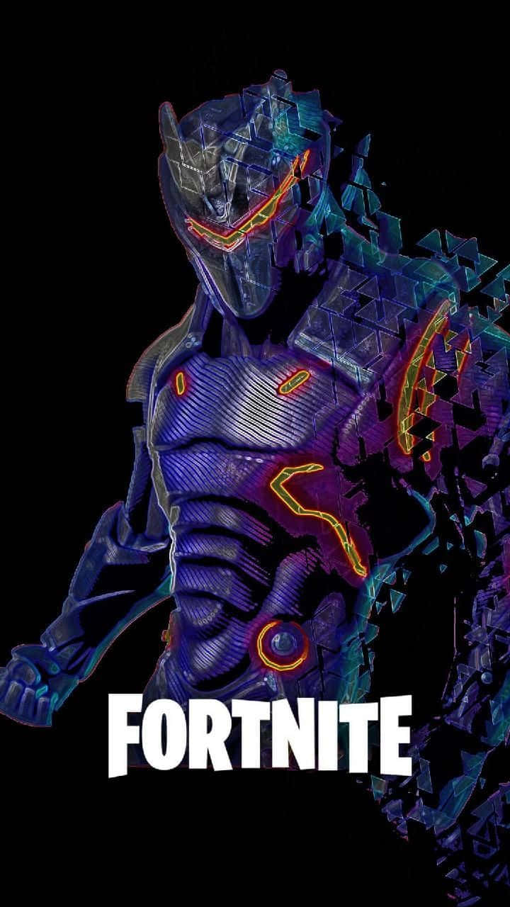Fortnite Skins 桌布 壁紙 — 一個未來風格的Fortnite角色，身穿帶有螢光橙色點綴的發光紫色和藍色裝甲服，站在黑色背景前。