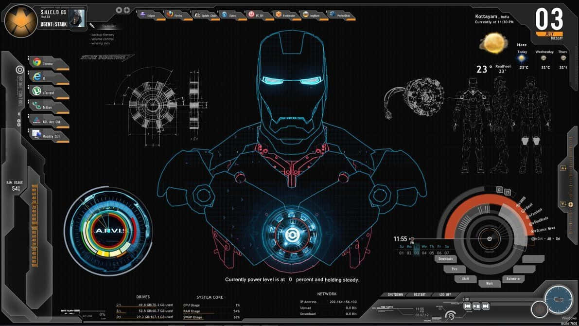 jarvis 4K 桌布 壁紙 — 一個未來風格的HUD在深色介面上顯示鋼鐵人裝甲藍圖，帶有發光的藍色電路和系統統計數據。