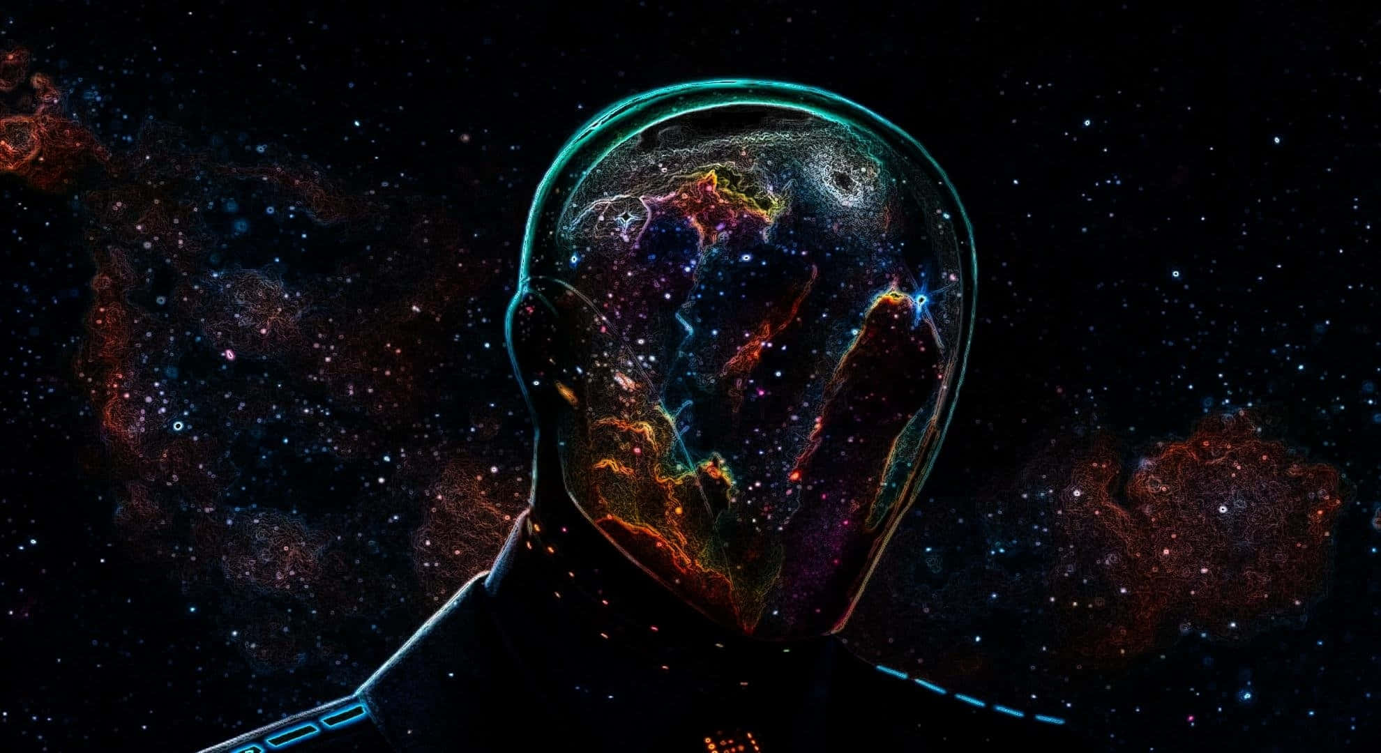 Scary Space 桌布 壁紙 — 一個未來風格的人類剪影，頭部內有發光的宇宙星雲，背景是星空太空。