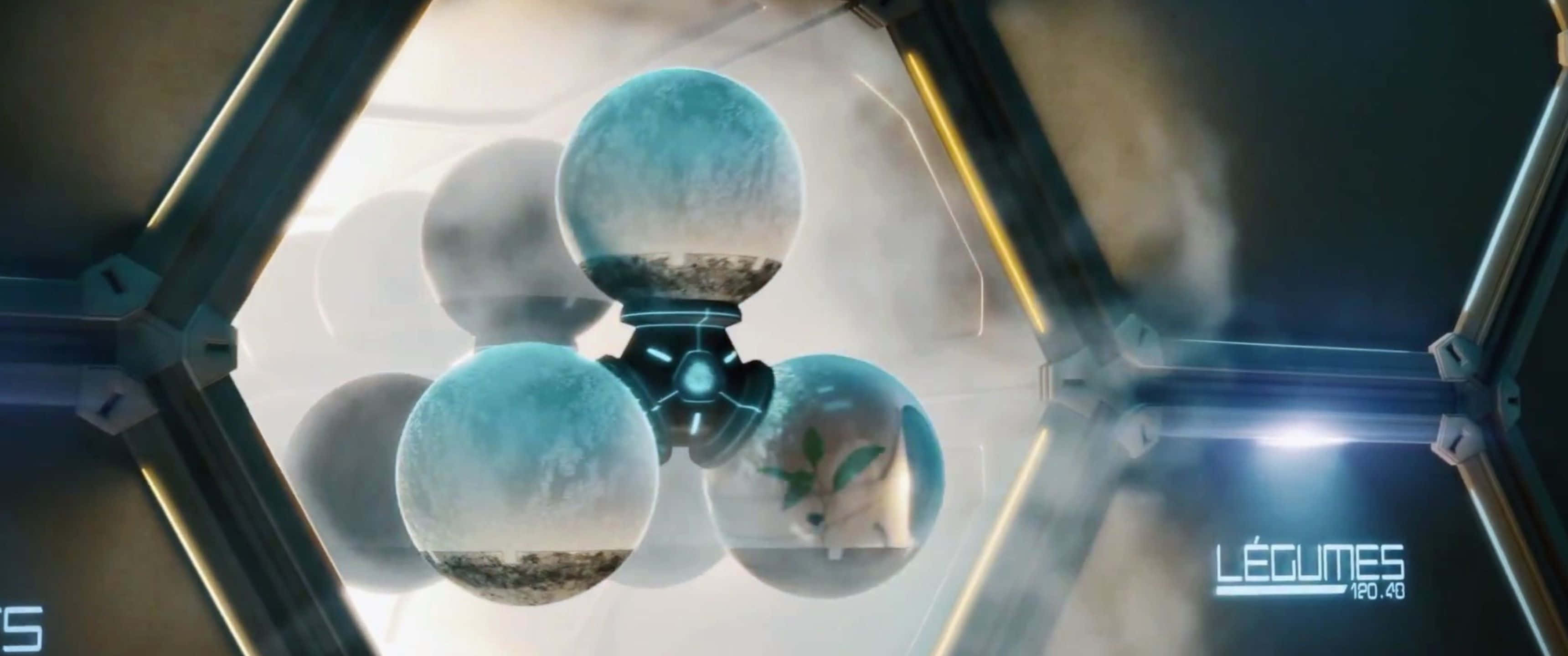 1440p Civilization Beyond Earth 桌布 壁紙 — 一個未來風格的六邊形房間展示漂浮的球體，內含外星行星和一隻小生物。