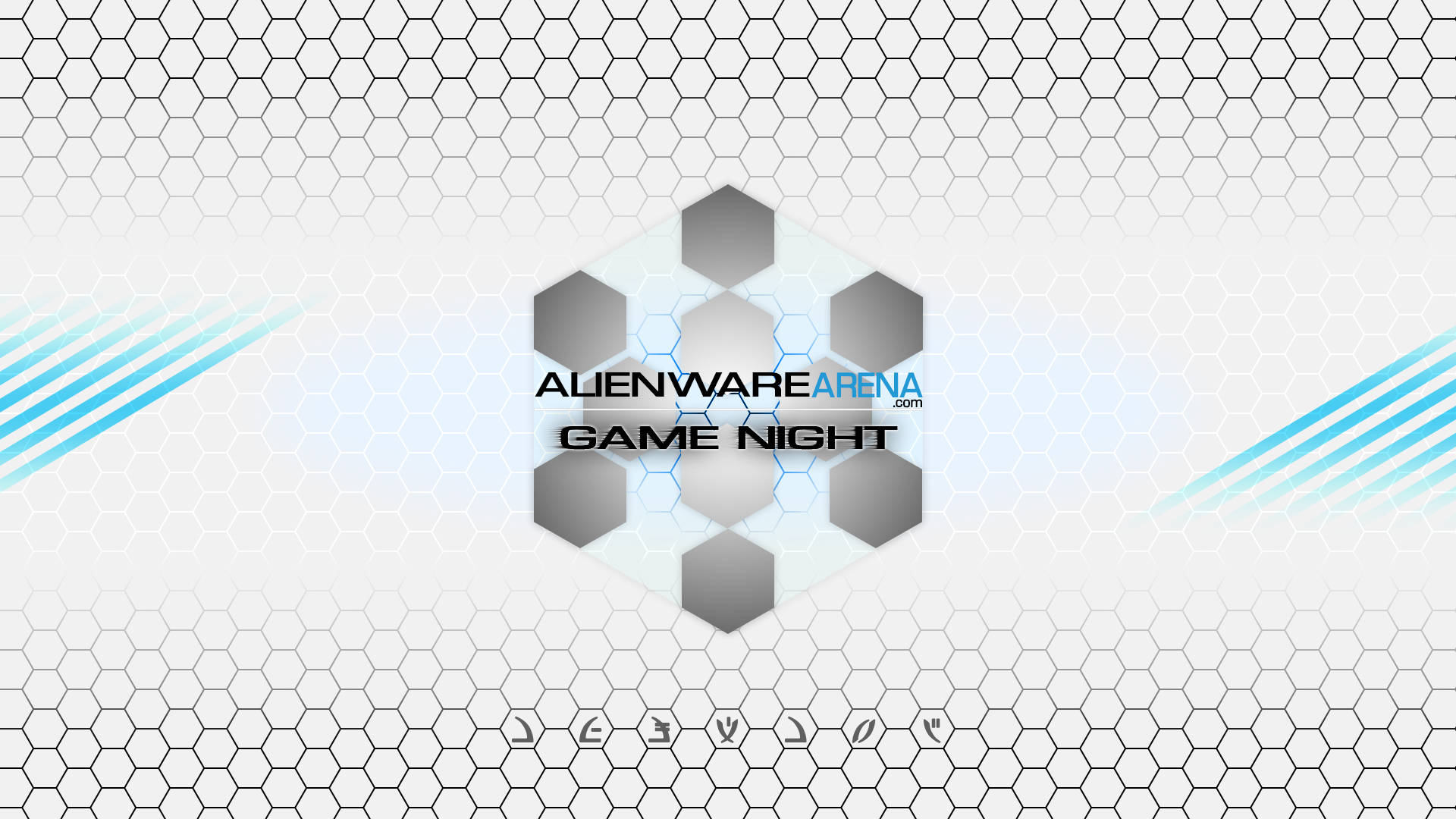 white alienware 桌布 壁紙 — 一個未來風格的六邊形標誌，用於 Alienware Arena Game Night，背景為幾何蜂巢圖案搭配藍色條紋。