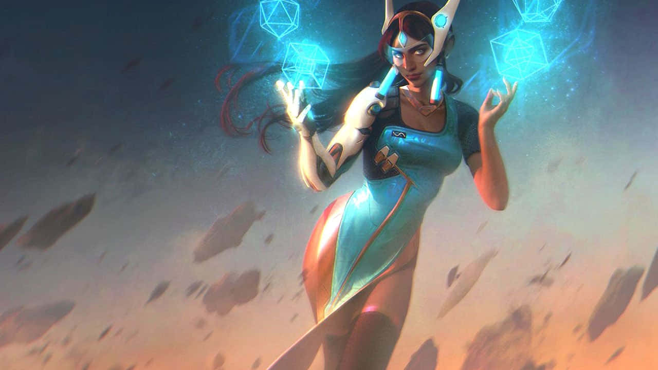 Overwatch Symmetra 桌布 壁紙 — 一個未來風格的動漫女性，帶著發光的藍色立方體，在宇宙場景中漂浮於浮石之間。
