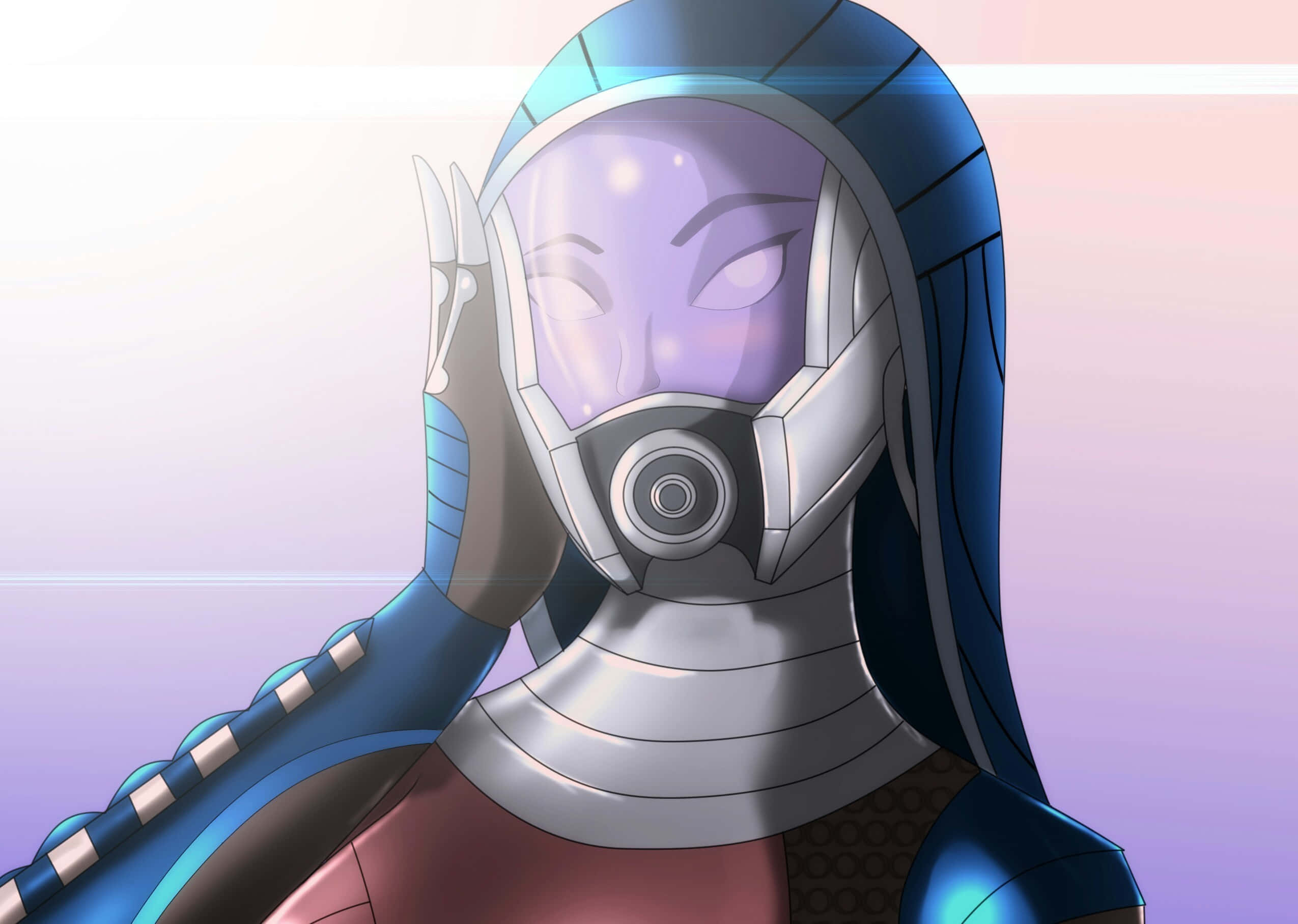 Tali'zorah 桌布 壁紙 — 一個未來風格的動漫角色，身穿藍色和銀色裝甲服，戴著發光的紫色護目鏡，以風格化的姿勢舉起一隻手。